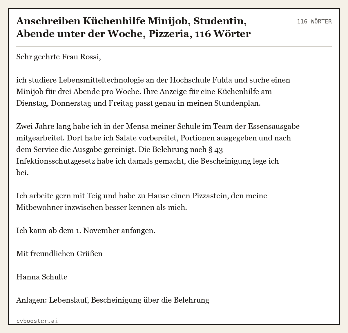 Ausgearbeitetes Beispiel: Anschreiben Küchenhilfe Minijob, Studentin, Abende unter der Woche, Pizzeria, 116 Wörter