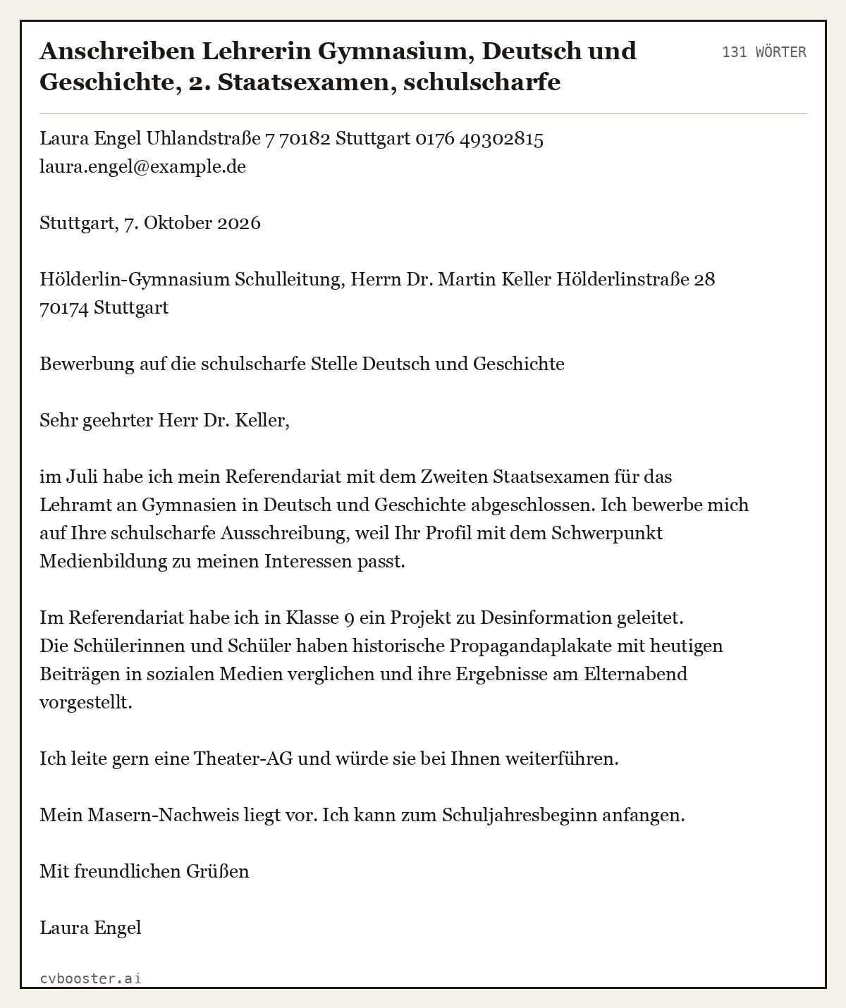 Ausgearbeitetes Beispiel: Anschreiben Lehrerin Gymnasium, Deutsch und Geschichte, 2. Staatsexamen, schulscharfe Ausschreibung, 131 Wörter