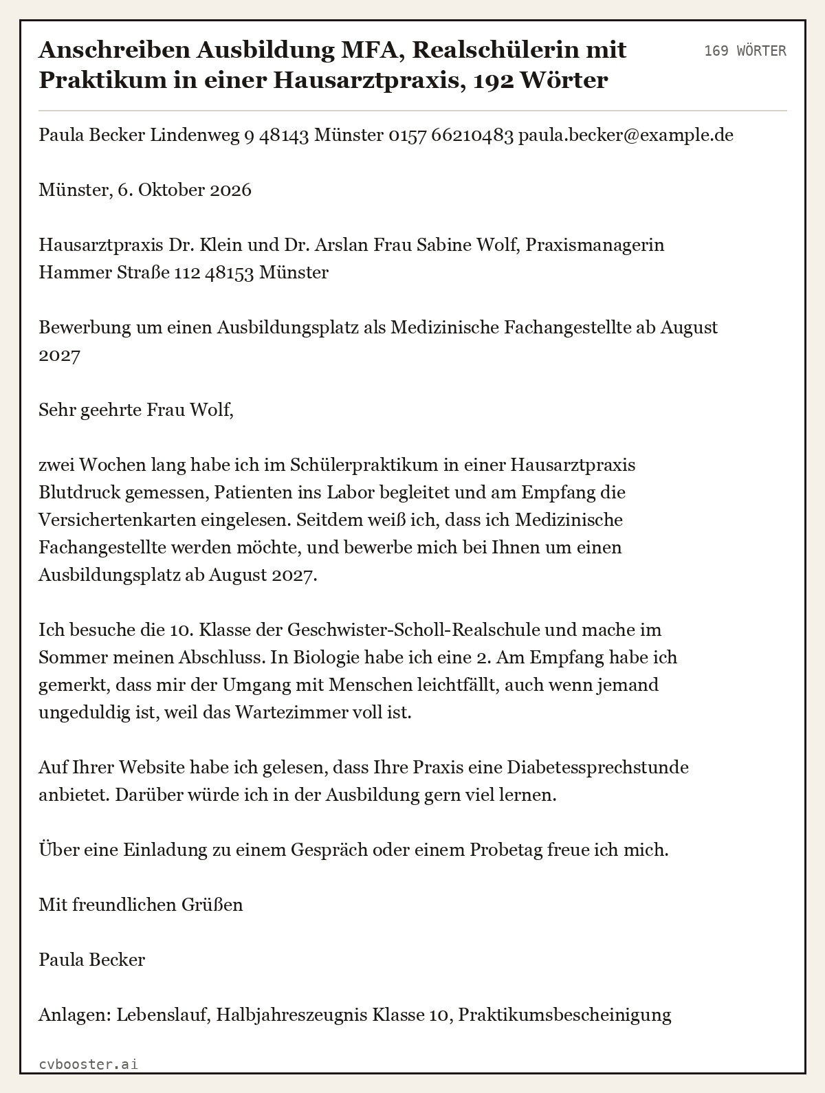 Ausgearbeitetes Beispiel: Anschreiben Ausbildung MFA, Realschülerin mit Praktikum in einer Hausarztpraxis, 169 Wörter