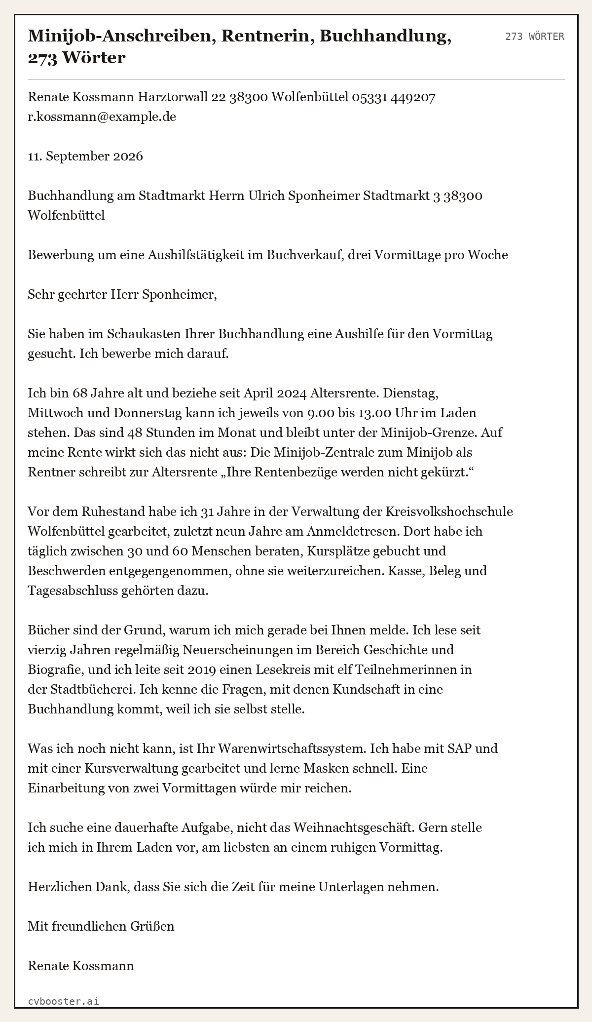 Ausgearbeitetes Beispiel: Minijob-Anschreiben, Rentnerin, Buchhandlung, 273 Wörter