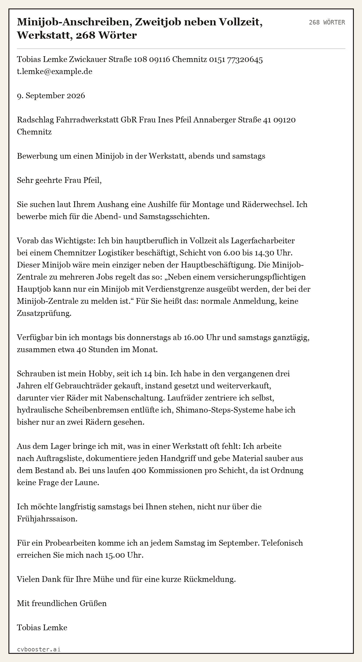 Ausgearbeitetes Beispiel: Minijob-Anschreiben, Zweitjob neben Vollzeit, Werkstatt, 268 Wörter