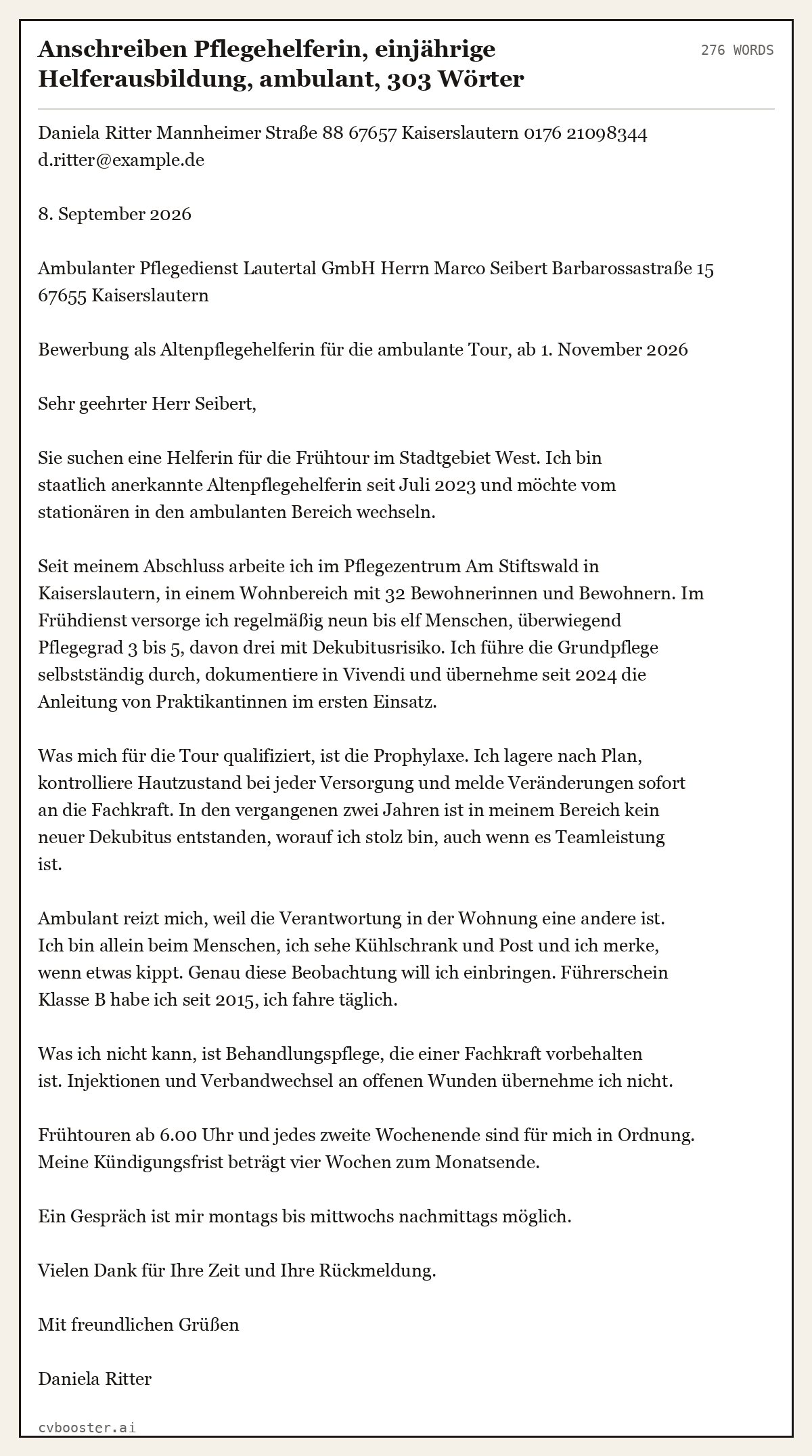 Ausgearbeitetes Beispiel: Anschreiben Pflegehelferin, einjährige Helferausbildung, ambulant, 303 Wörter