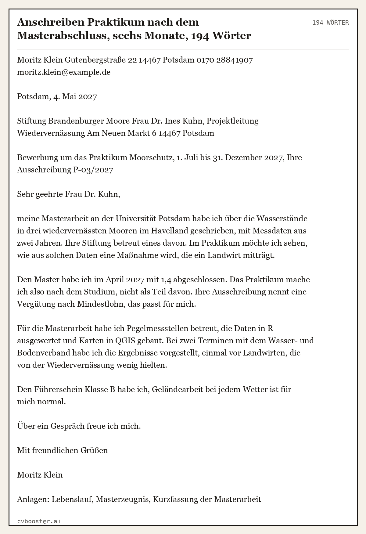 Ausgearbeitetes Beispiel: Anschreiben Praktikum nach dem Masterabschluss, sechs Monate, 194 Wörter