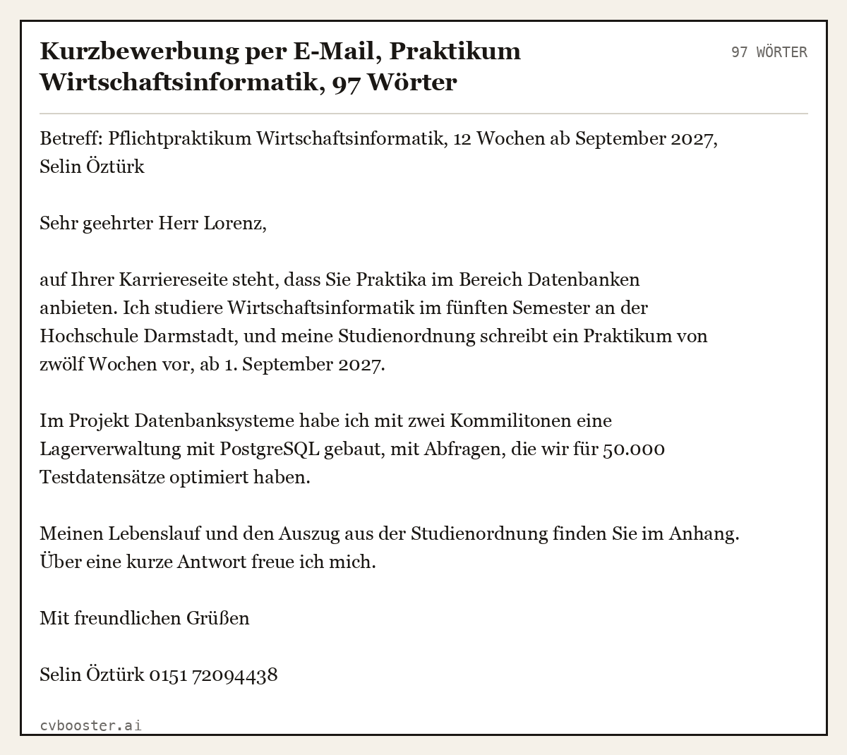 Ausgearbeitetes Beispiel: Kurzbewerbung per E-Mail, Praktikum Wirtschaftsinformatik, 97 Wörter