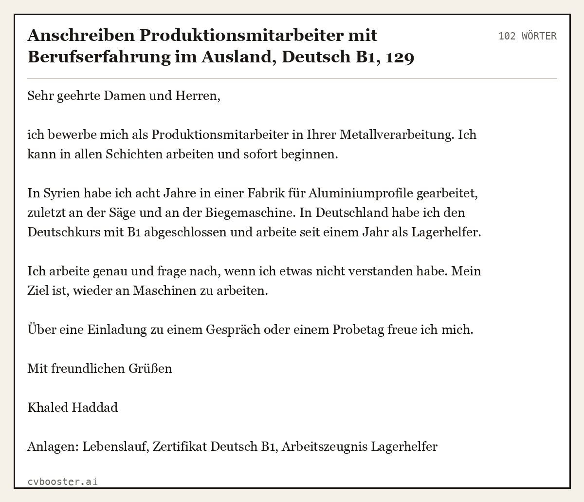 Ausgearbeitetes Beispiel: Anschreiben Produktionsmitarbeiter mit Berufserfahrung im Ausland, Deutsch B1, 102 Wörter