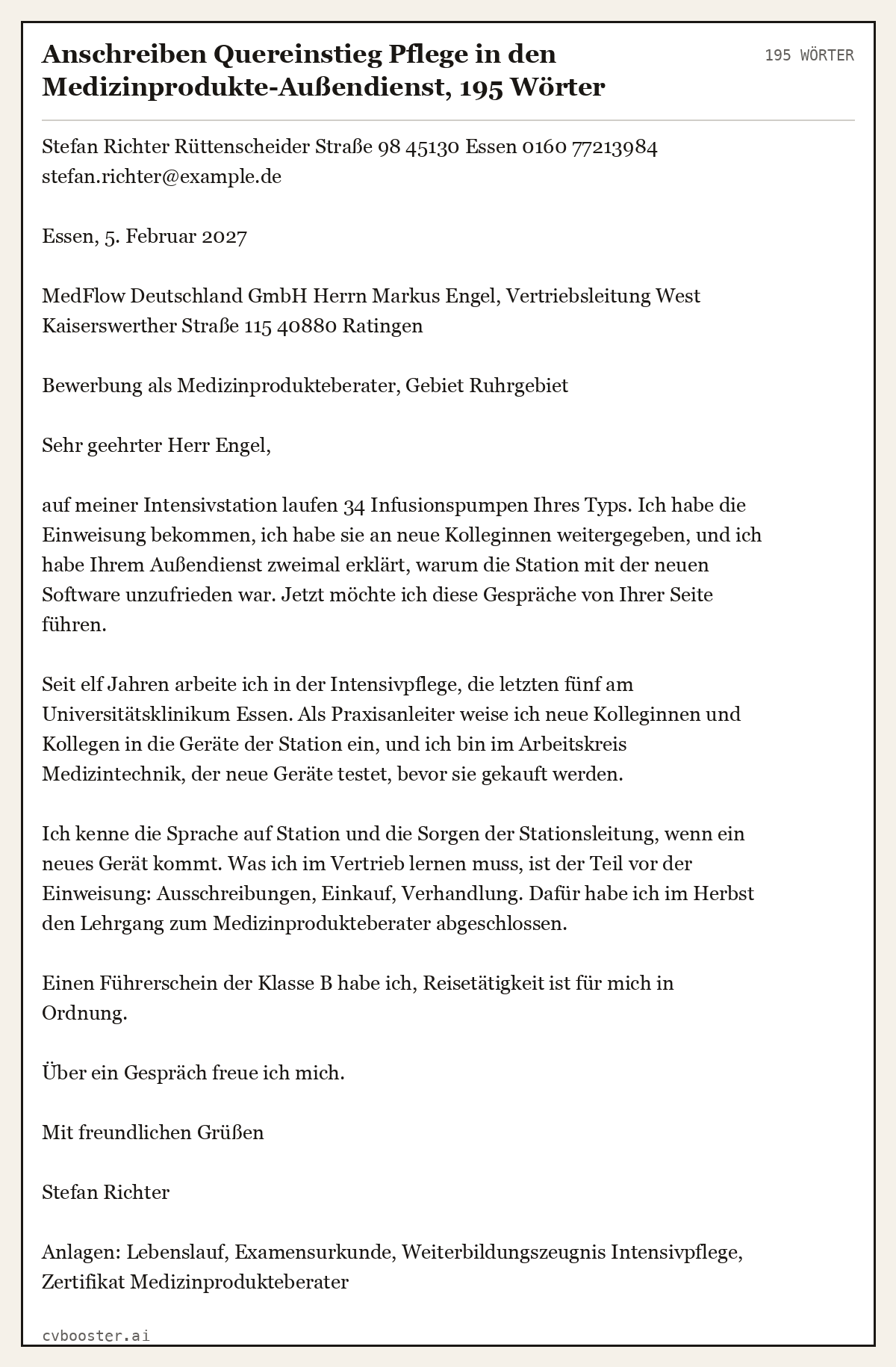 Ausgearbeitetes Beispiel: Anschreiben Quereinstieg Pflege in den Medizinprodukte-Außendienst, 195 Wörter