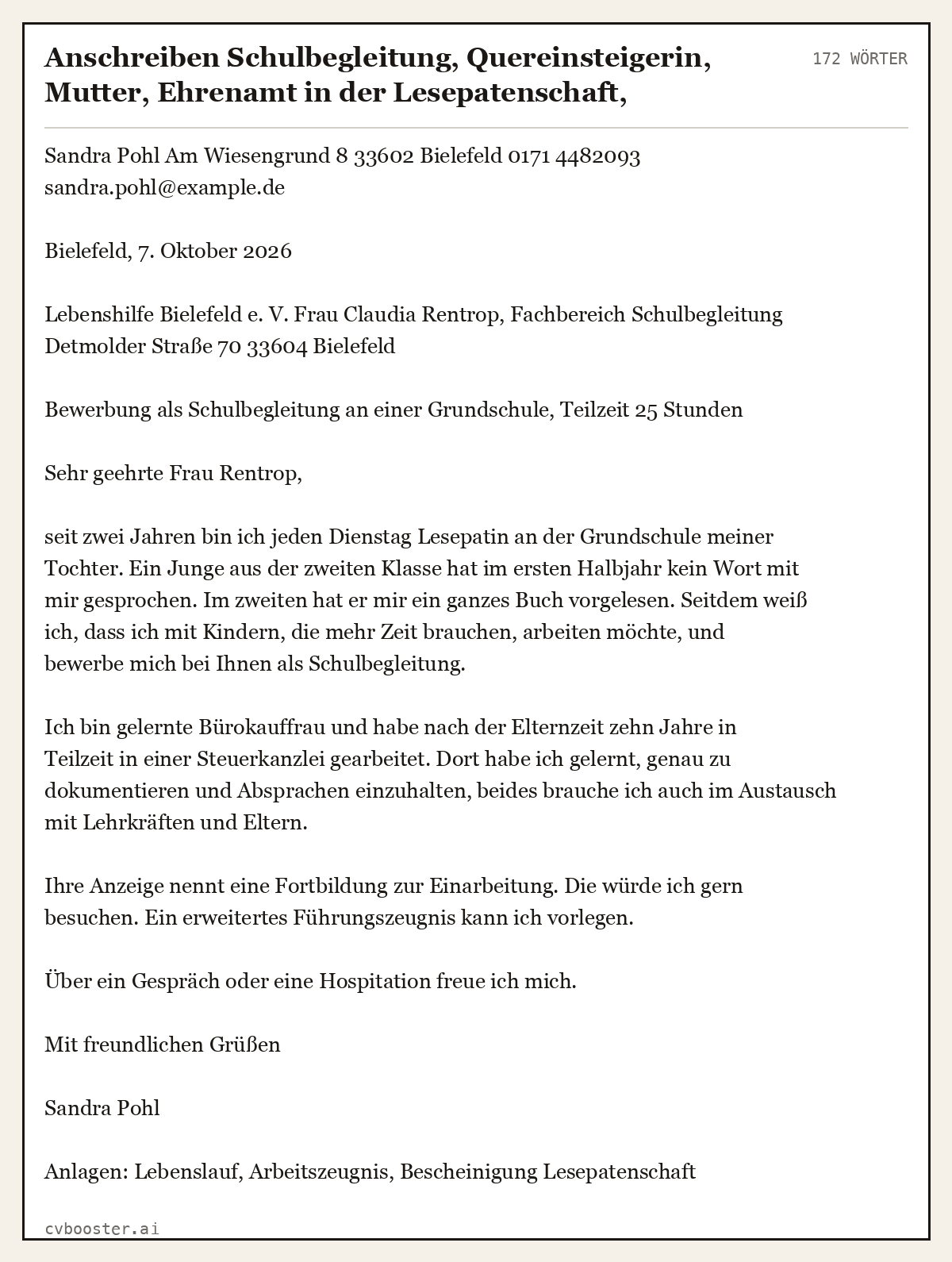 Ausgearbeitetes Beispiel: Anschreiben Schulbegleitung, Quereinsteigerin, Mutter, Ehrenamt in der Lesepatenschaft, Grundschule, 172 Wörter