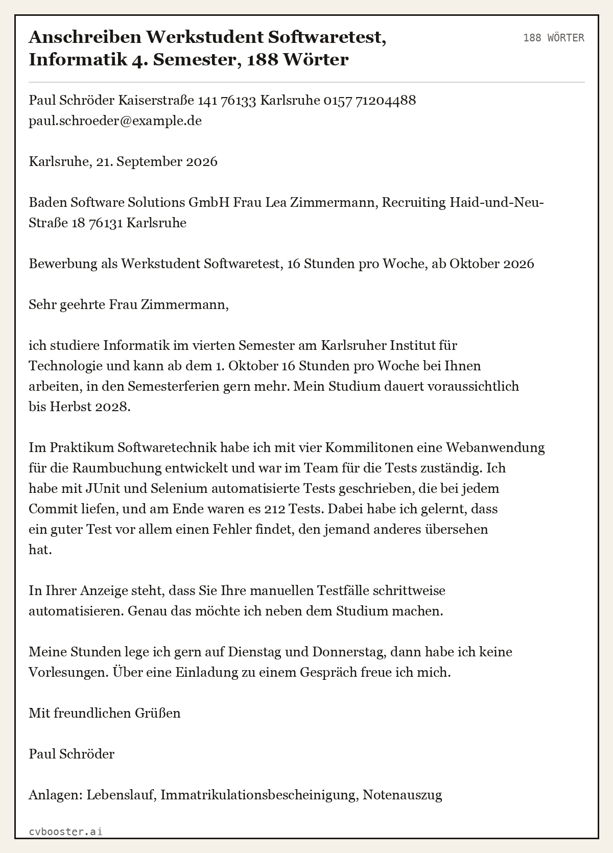 Ausgearbeitetes Beispiel: Anschreiben Werkstudent Softwaretest, Informatik 4. Semester, 188 Wörter