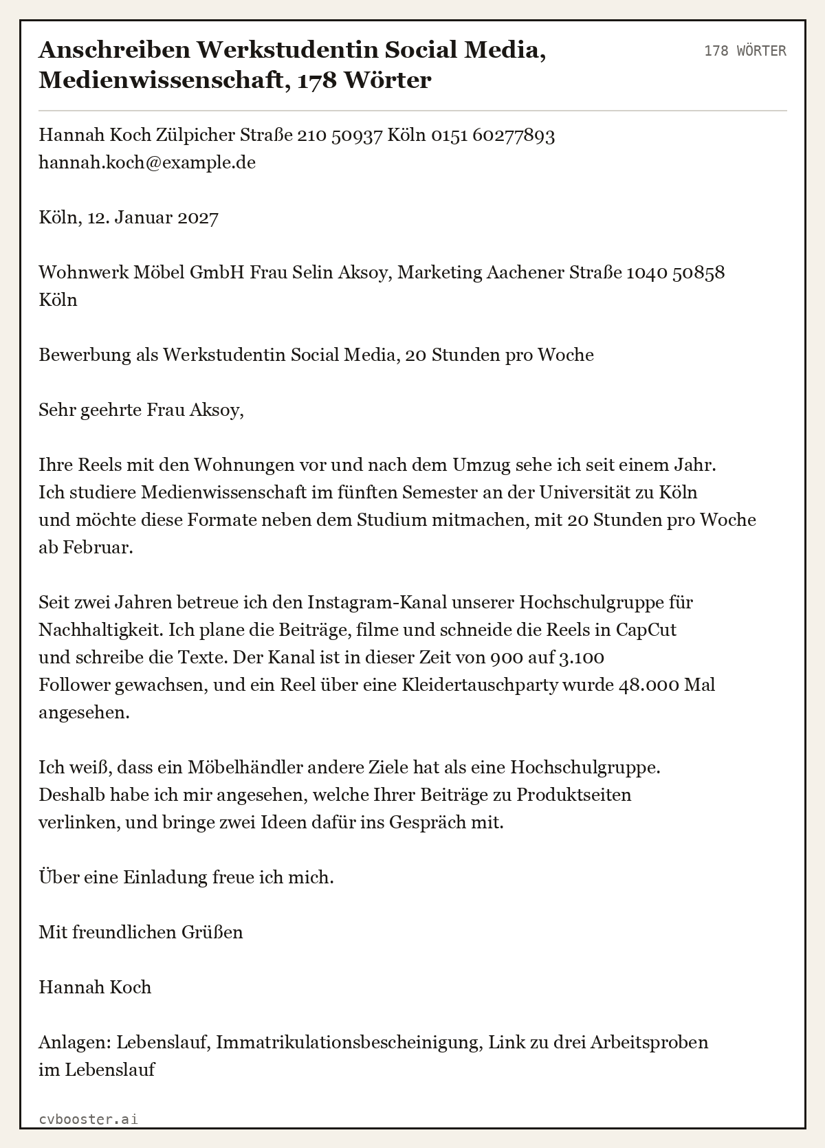 Ausgearbeitetes Beispiel: Anschreiben Werkstudentin Social Media, Medienwissenschaft, 178 Wörter