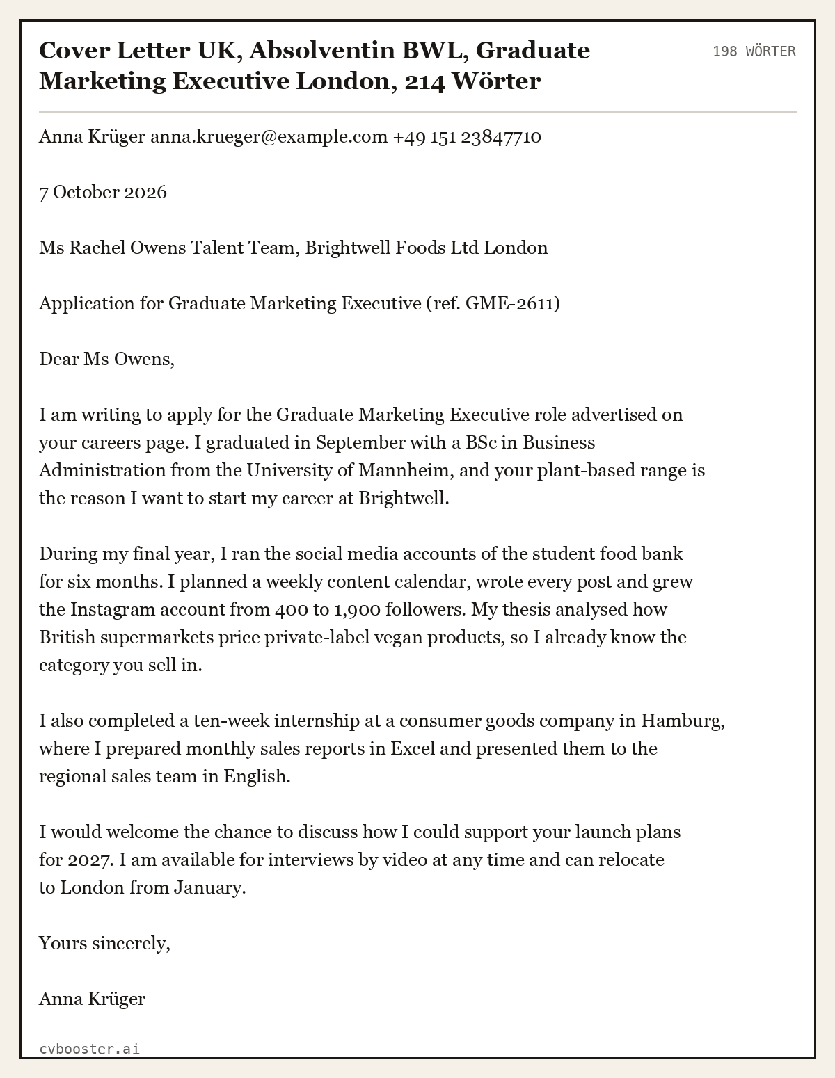 Ausgearbeitetes Beispiel: Cover Letter UK, Absolventin BWL, Graduate Marketing Executive London, 198 Wörter