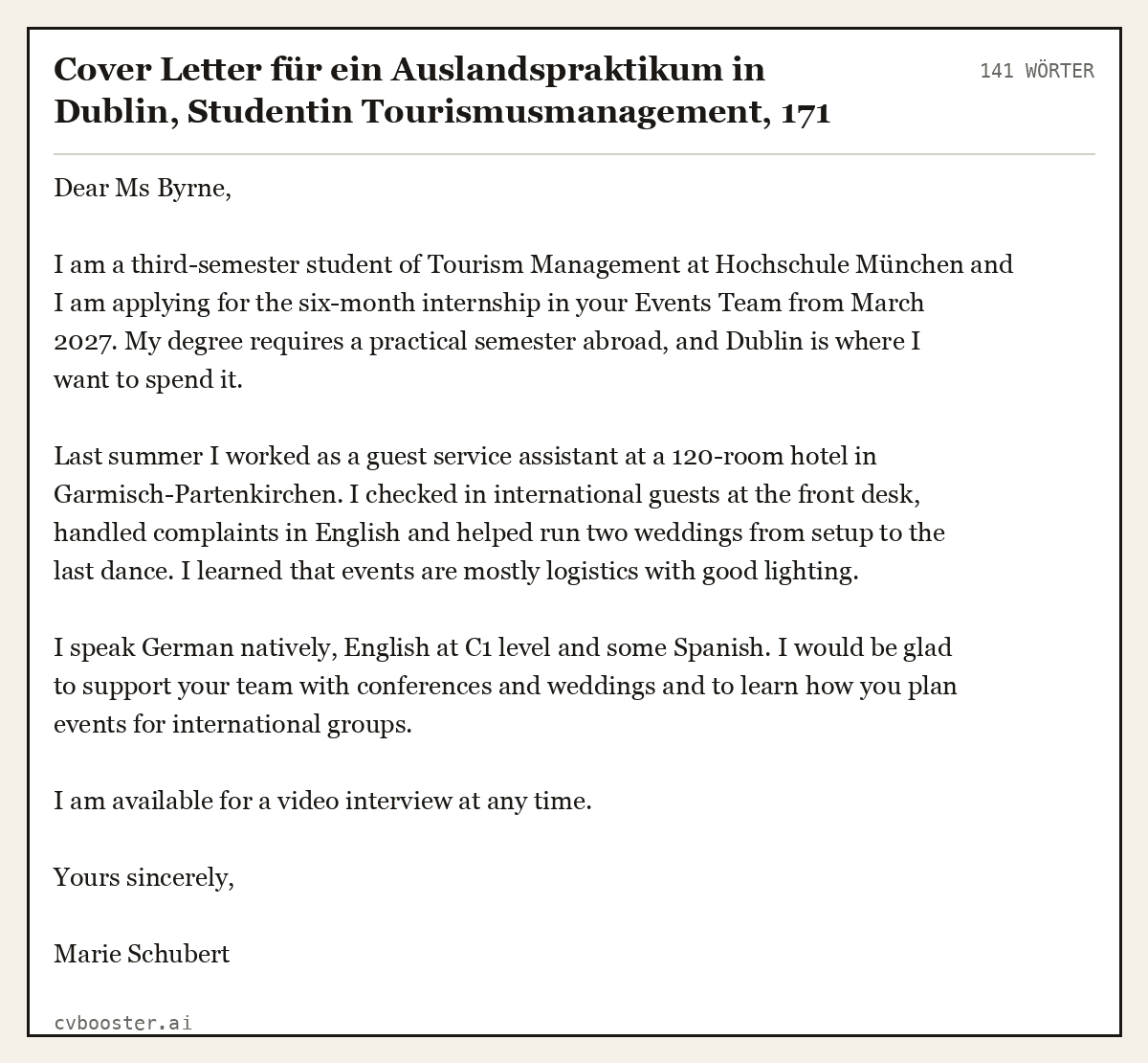 Ausgearbeitetes Beispiel: Cover Letter für ein Auslandspraktikum in Dublin, Studentin Tourismusmanagement, 141 Wörter