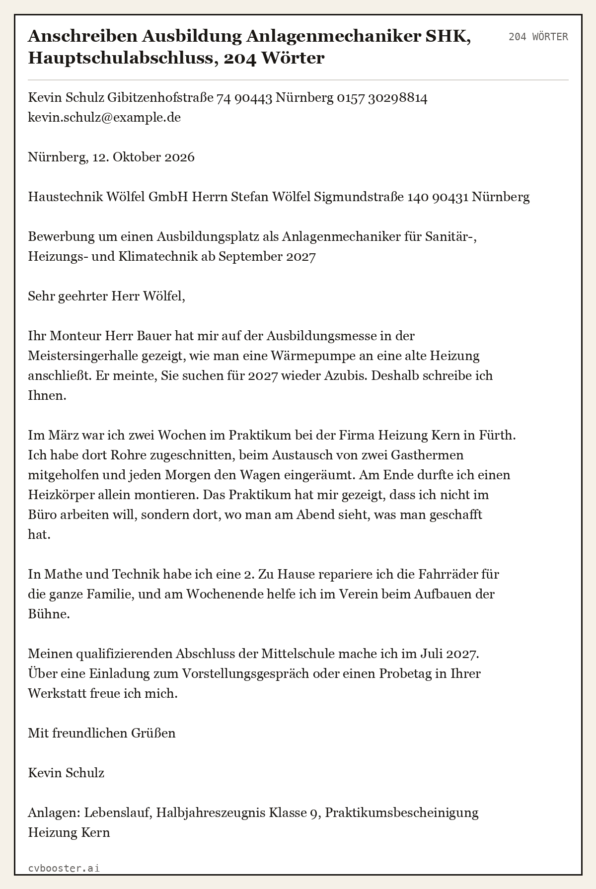 Ausgearbeitetes Beispiel: Anschreiben Ausbildung Anlagenmechaniker SHK, Hauptschulabschluss, 204 Wörter