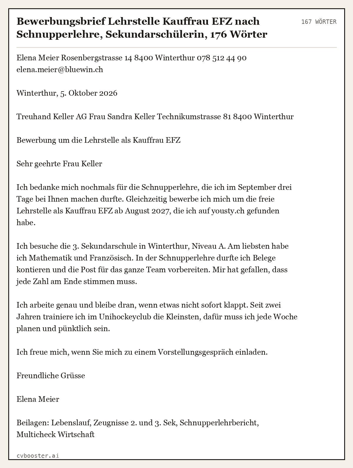 Ausgearbeitetes Beispiel: Bewerbungsbrief Lehrstelle Kauffrau EFZ nach Schnupperlehre, Sekundarschülerin, 167 Wörter