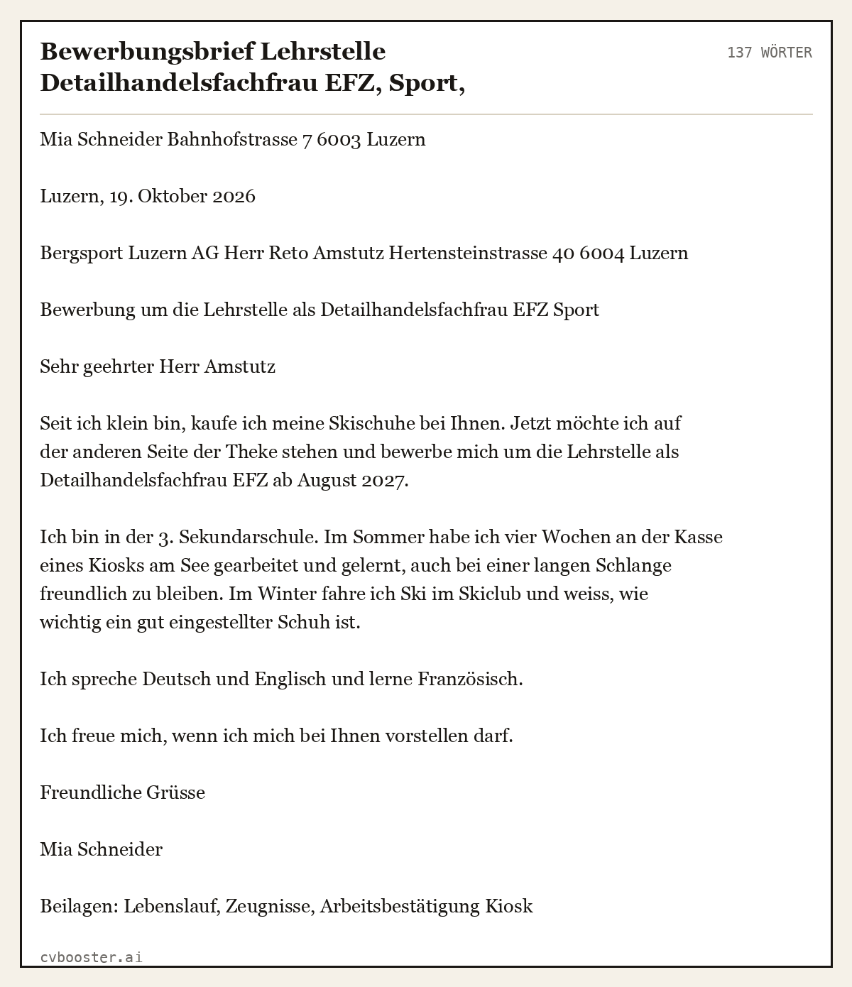 Ausgearbeitetes Beispiel: Bewerbungsbrief Lehrstelle Detailhandelsfachfrau EFZ, Sport, Sekundarschülerin, 137 Wörter