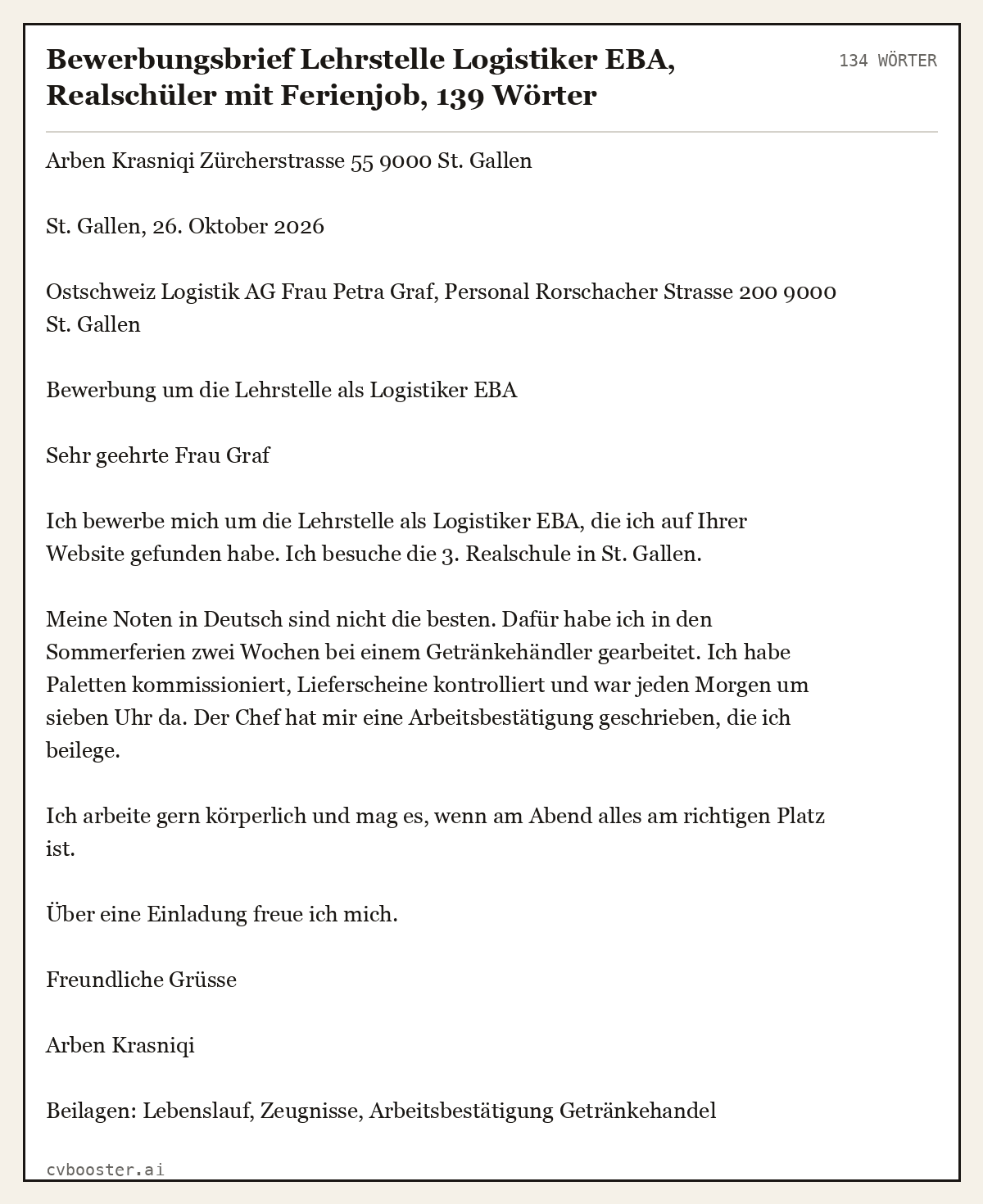 Ausgearbeitetes Beispiel: Bewerbungsbrief Lehrstelle Logistiker EBA, Realschüler mit Ferienjob, 134 Wörter