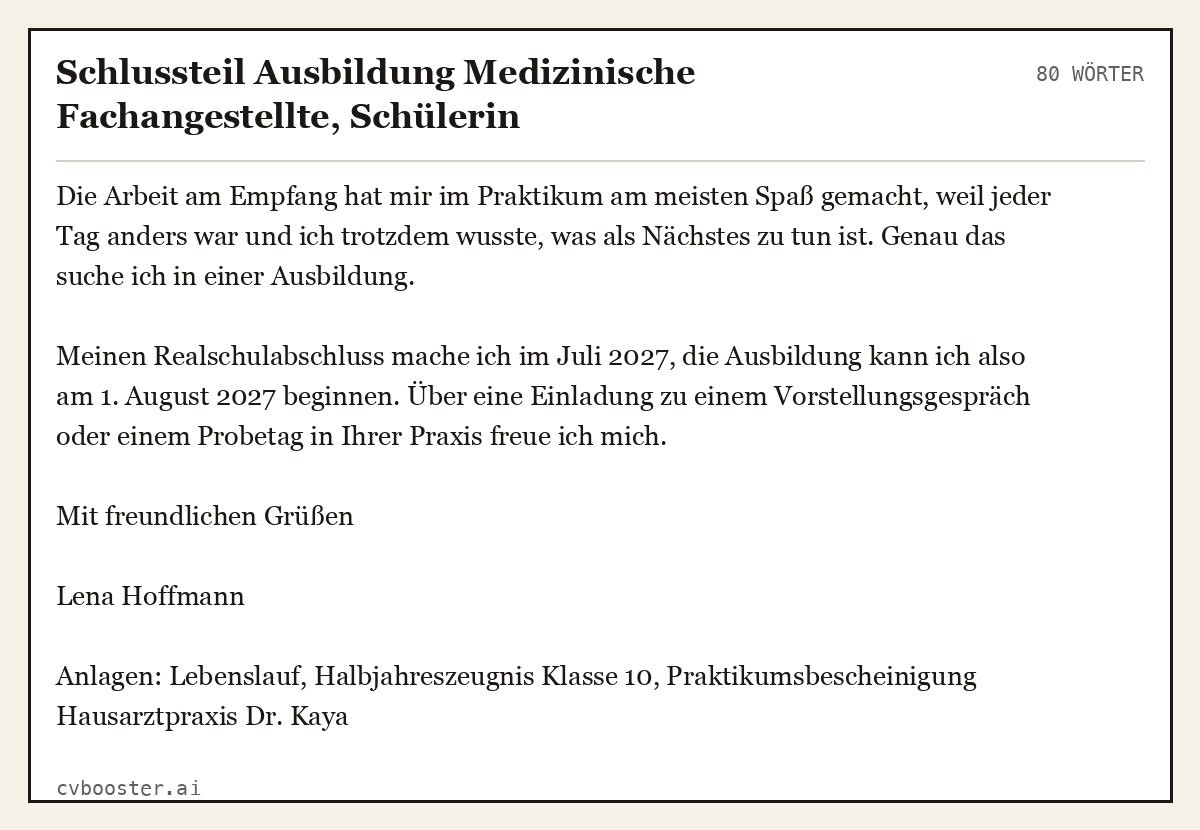 Ausgearbeitetes Beispiel: Schlussteil Ausbildung Medizinische Fachangestellte, Schülerin, 80 Wörter