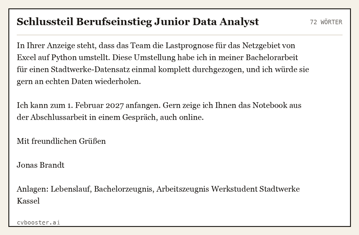 Ausgearbeitetes Beispiel: Schlussteil Berufseinstieg Junior Data Analyst, 72 Wörter