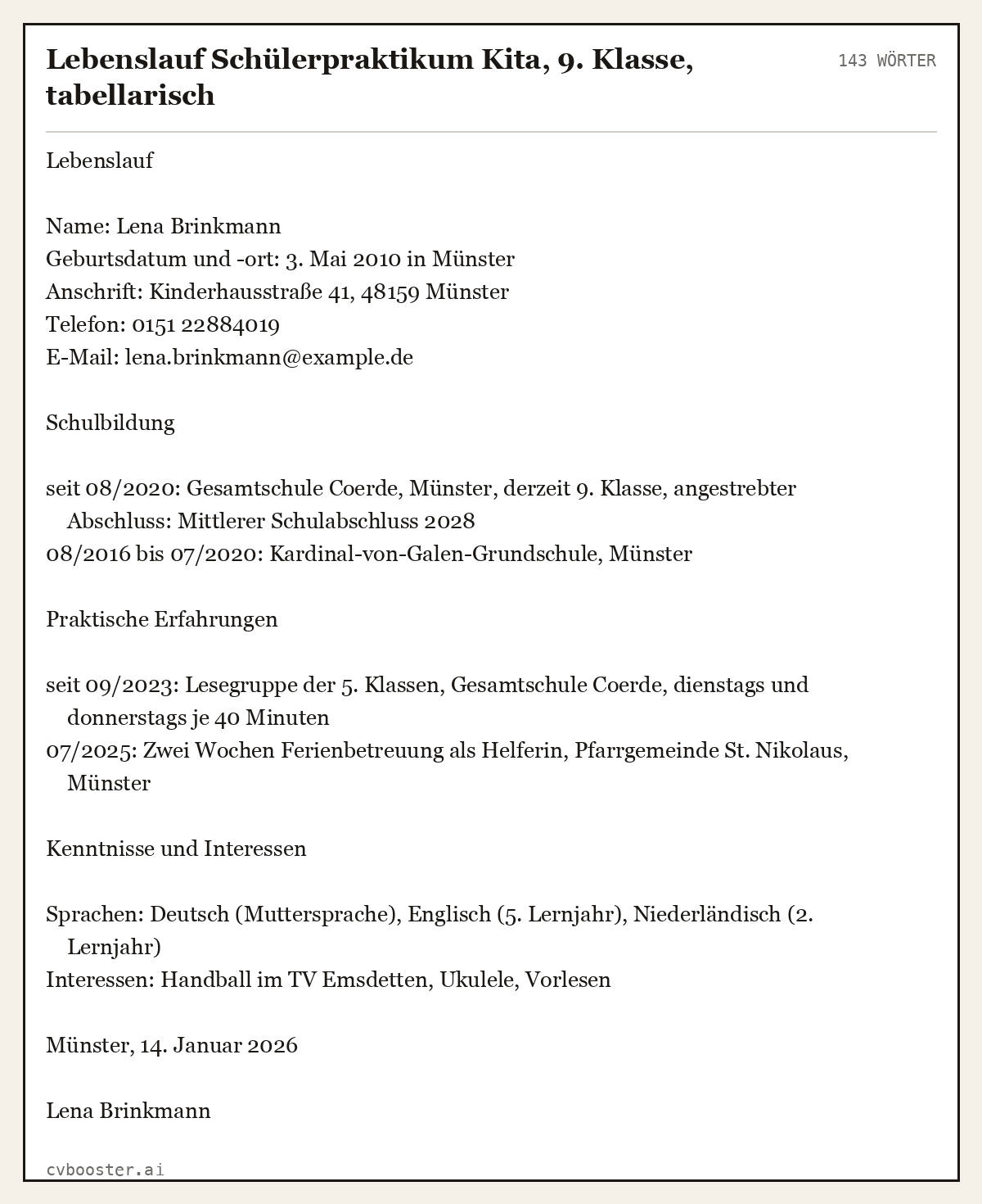 Ausgearbeitetes Beispiel: Lebenslauf Schülerpraktikum Kita, 9. Klasse, tabellarisch, 143 Wörter