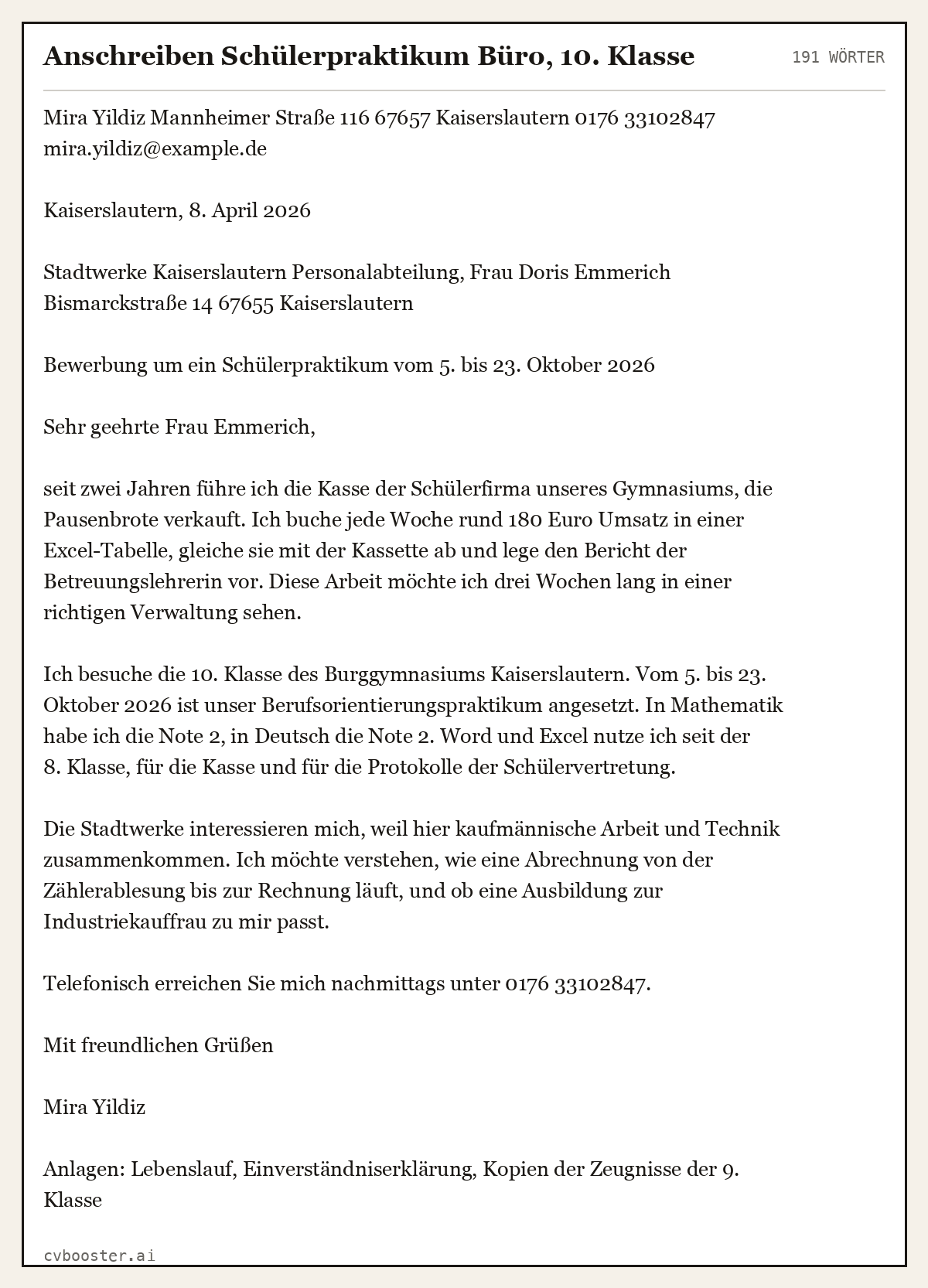 Ausgearbeitetes Beispiel: Anschreiben Schülerpraktikum Büro, 10. Klasse, 191 Wörter