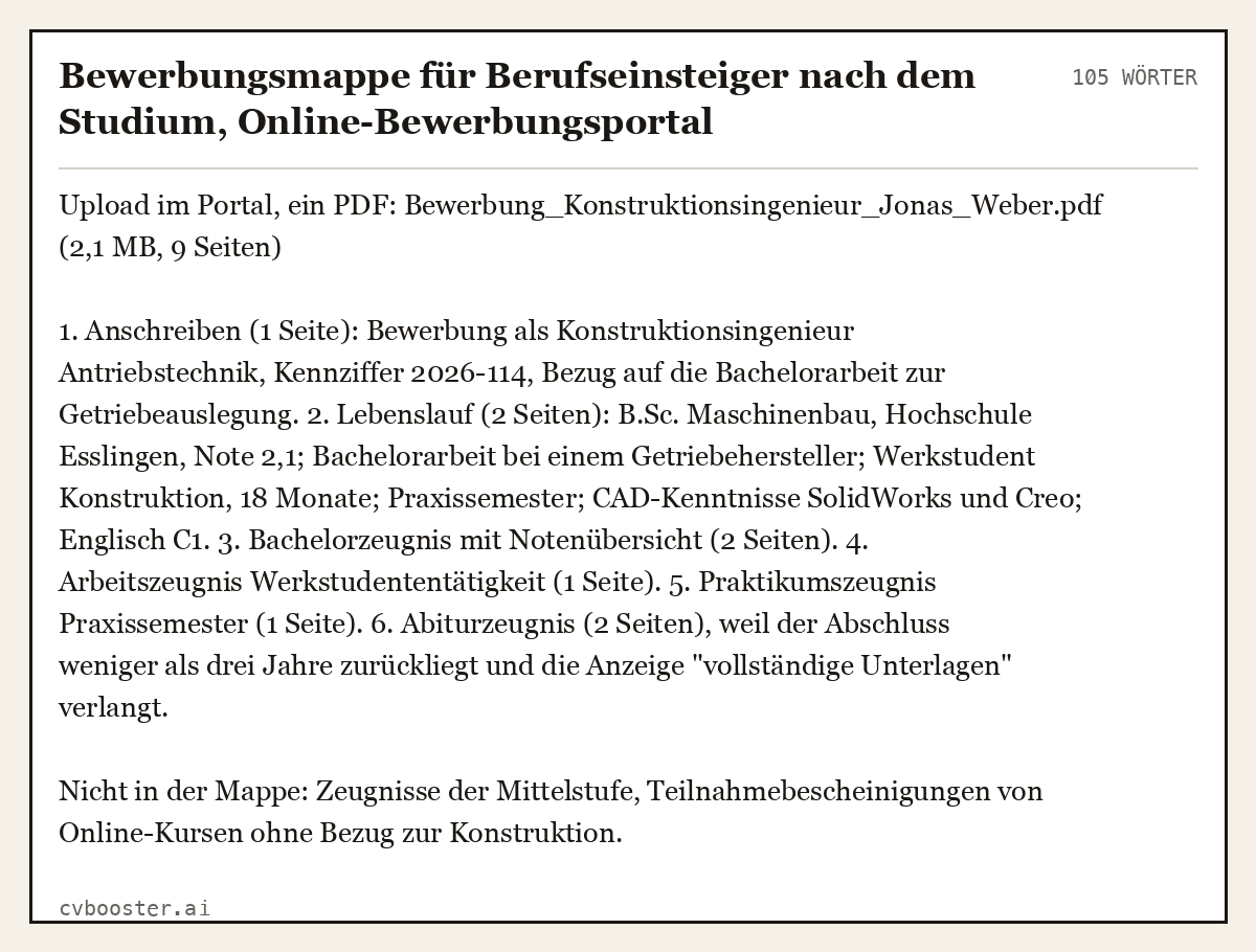 Ausgearbeitetes Beispiel: Bewerbungsmappe für Berufseinsteiger nach dem Studium, Online-Bewerbungsportal, 105 Wörter