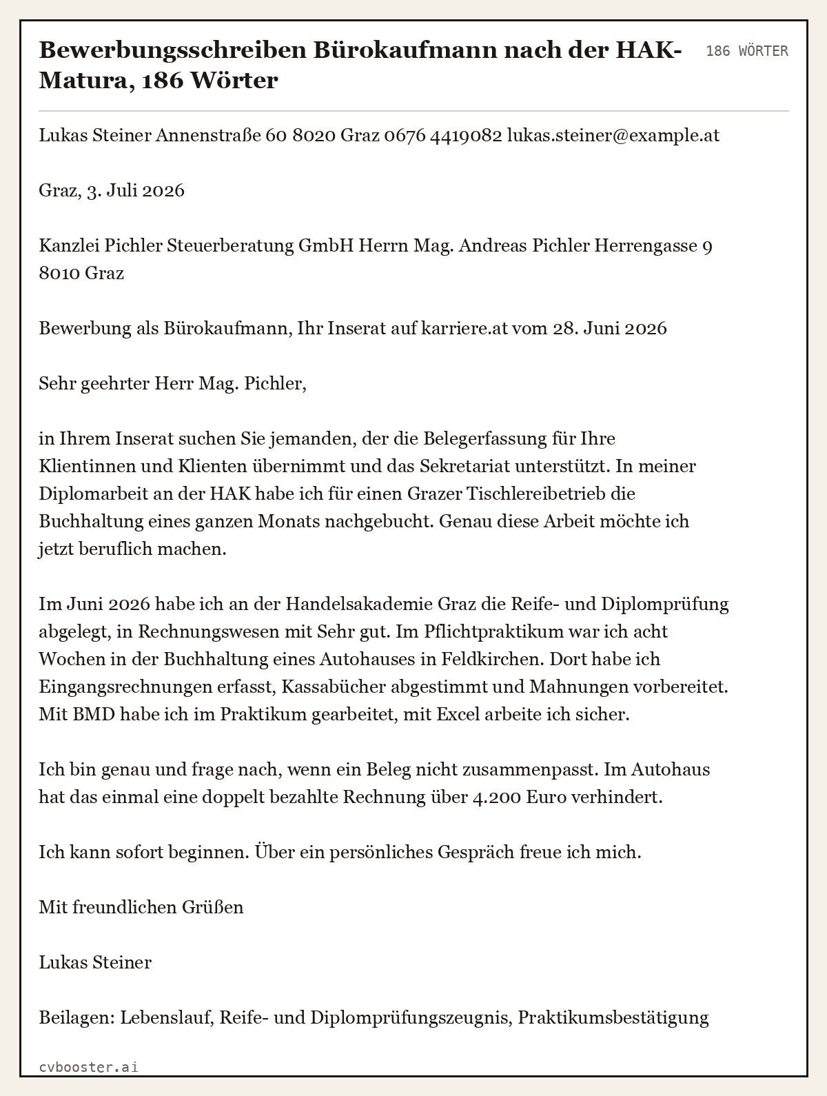 Ausgearbeitetes Beispiel: Bewerbungsschreiben Bürokaufmann nach der HAK-Matura, 186 Wörter