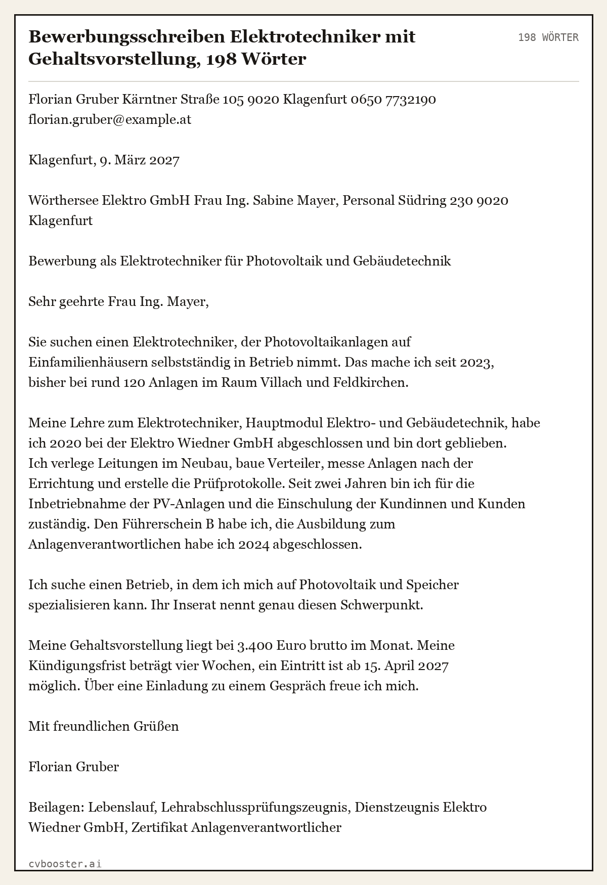 Ausgearbeitetes Beispiel: Bewerbungsschreiben Elektrotechniker mit Gehaltsvorstellung, 198 Wörter