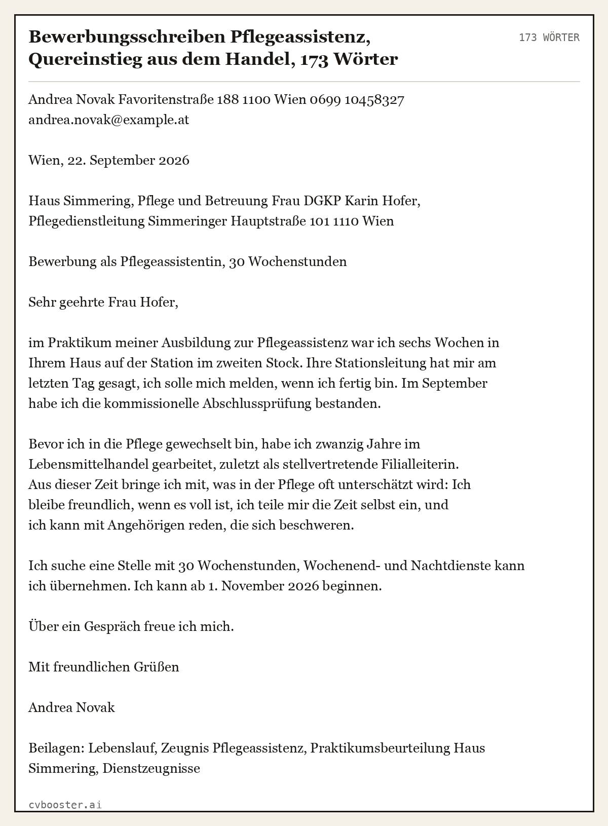 Ausgearbeitetes Beispiel: Bewerbungsschreiben Pflegeassistenz, Quereinstieg aus dem Handel, 173 Wörter