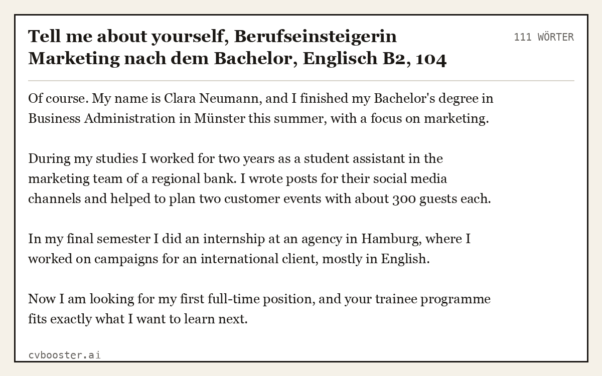 Ausgearbeitetes Beispiel: Tell me about yourself, Berufseinsteigerin Marketing nach dem Bachelor, Englisch B2, 111 Wörter