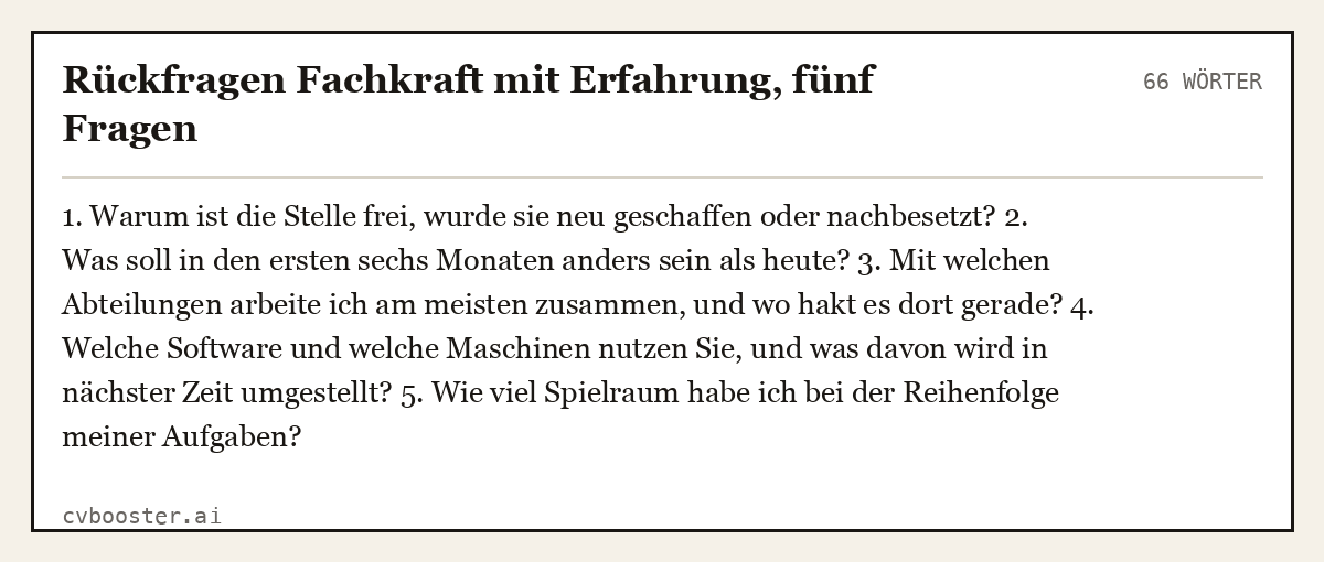 Ausgearbeitetes Beispiel: Rückfragen Fachkraft mit Erfahrung, fünf Fragen, 66 Wörter
