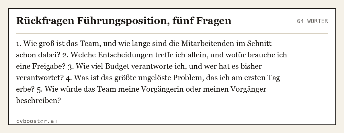 Ausgearbeitetes Beispiel: Rückfragen Führungsposition, fünf Fragen, 64 Wörter
