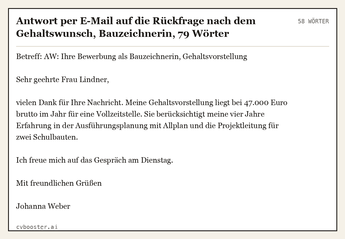Ausgearbeitetes Beispiel: Antwort per E-Mail auf die Rückfrage nach dem Gehaltswunsch, Bauzeichnerin, 58 Wörter