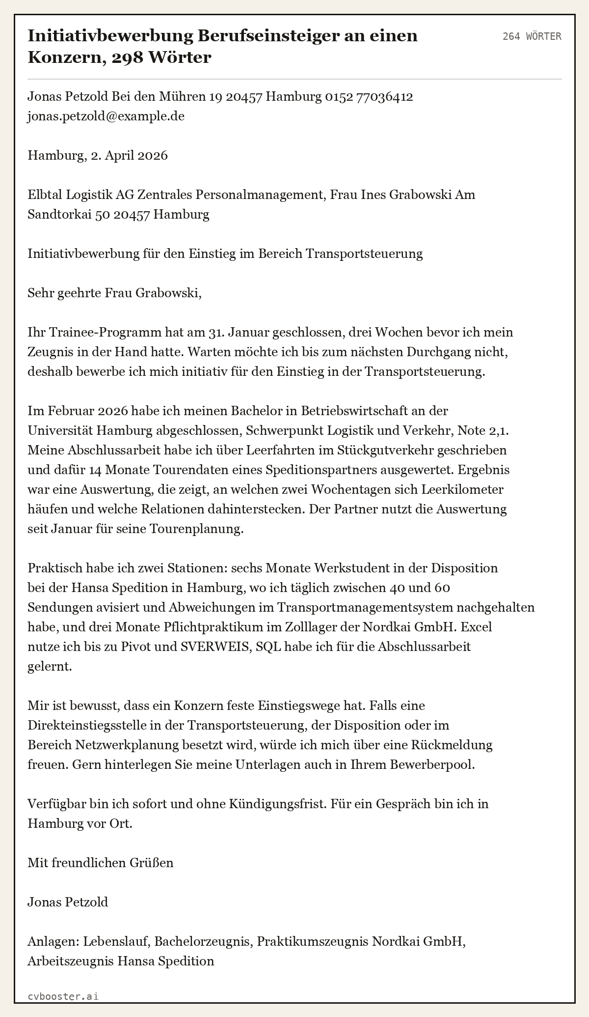 Ausgearbeitetes Beispiel: Initiativbewerbung Berufseinsteiger an einen Konzern, 298 Wörter, 264 Wörter