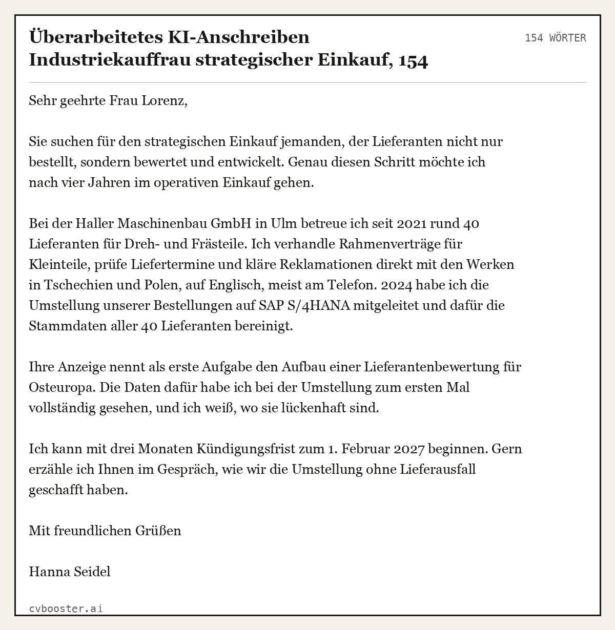 Ausgearbeitetes Beispiel: Überarbeitetes KI-Anschreiben Industriekauffrau strategischer Einkauf, 154 Wörter