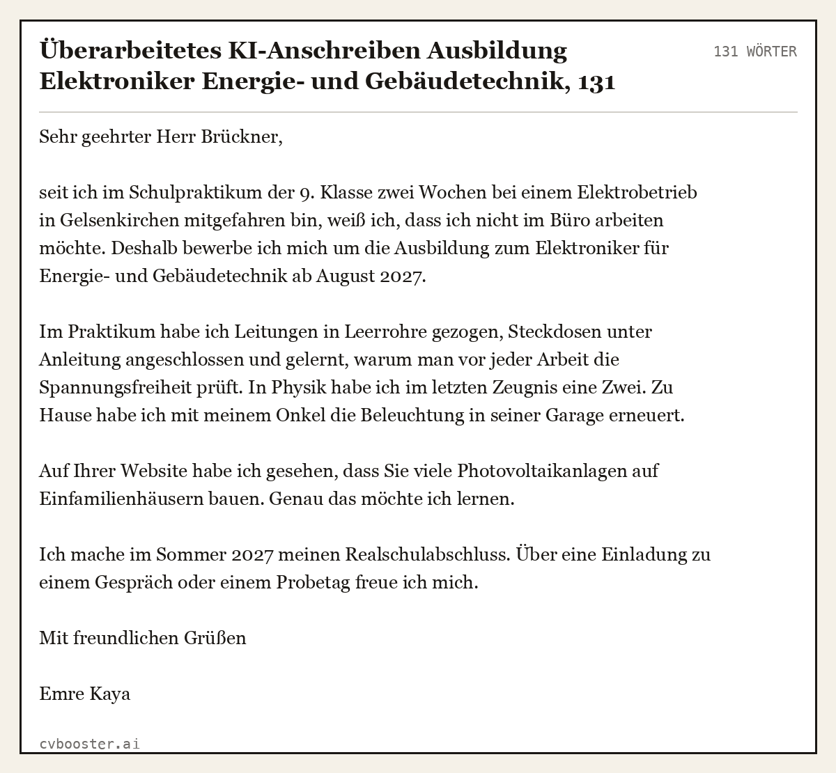 Ausgearbeitetes Beispiel: Überarbeitetes KI-Anschreiben Ausbildung Elektroniker Energie- und Gebäudetechnik, 131 Wörter