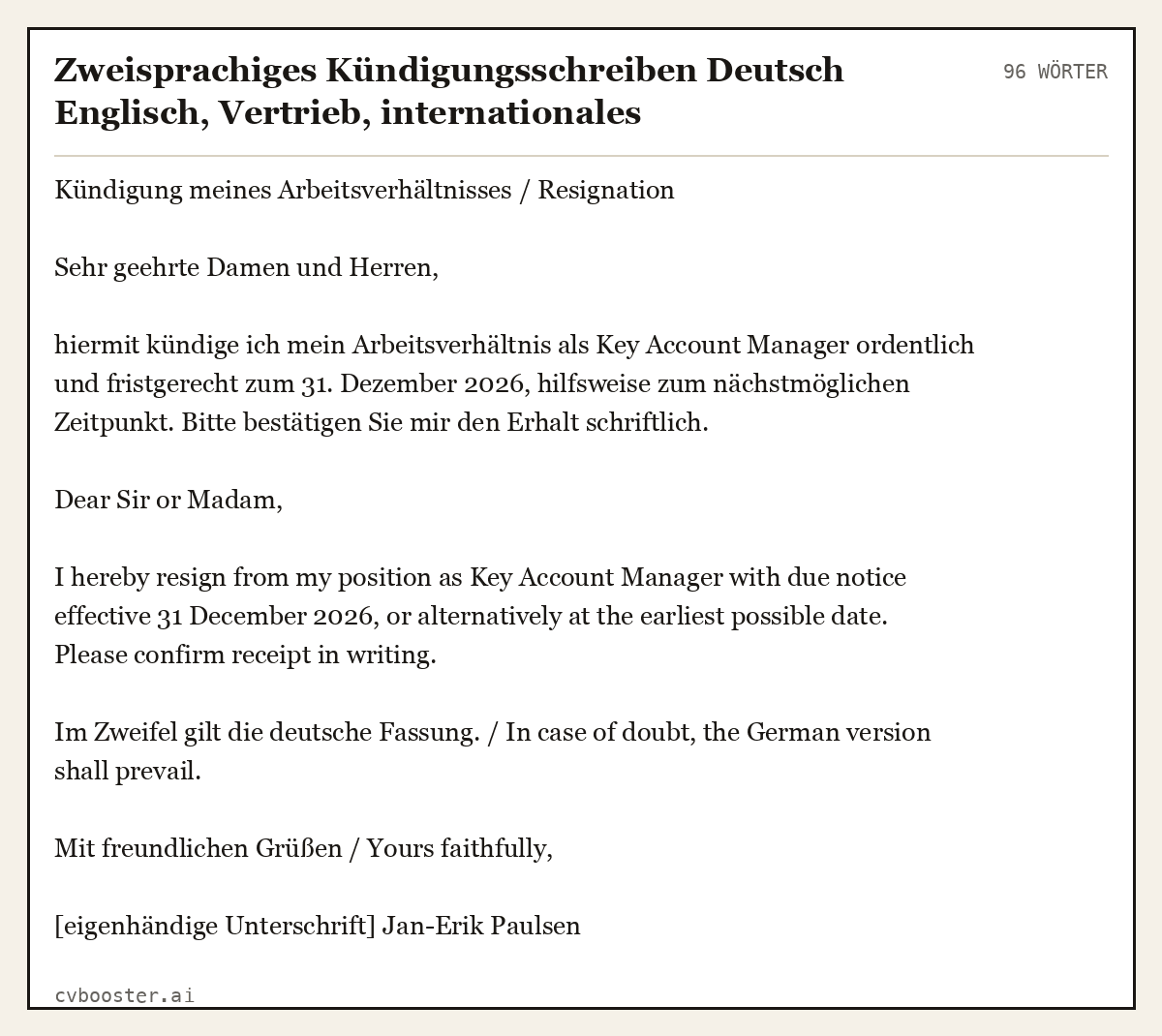 Ausgearbeitetes Beispiel: Zweisprachiges Kündigungsschreiben Deutsch Englisch, Vertrieb, internationales Unternehmen in Hamburg, 96 Wörter