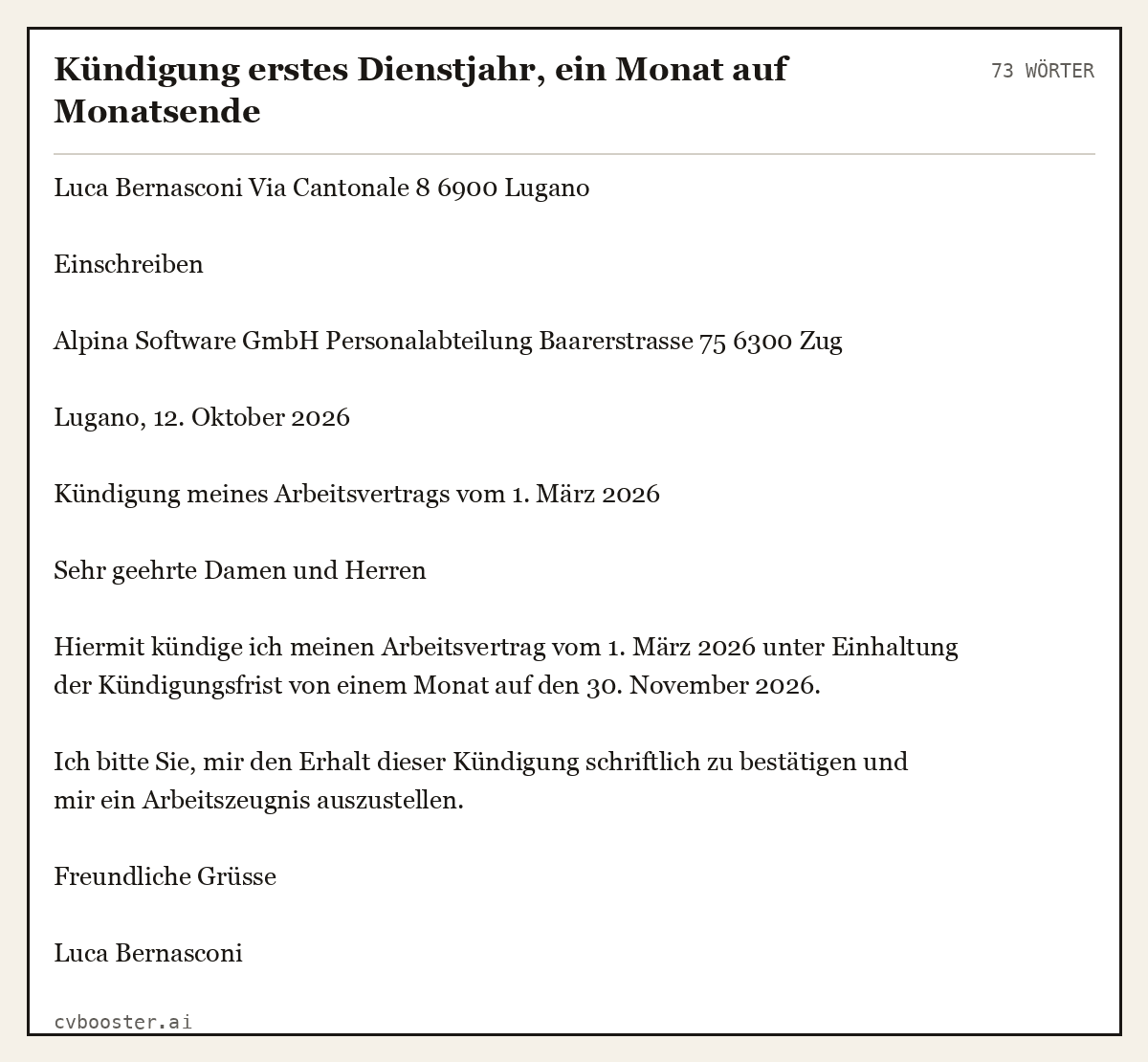 Ausgearbeitetes Beispiel: Kündigung erstes Dienstjahr, ein Monat auf Monatsende, 73 Wörter