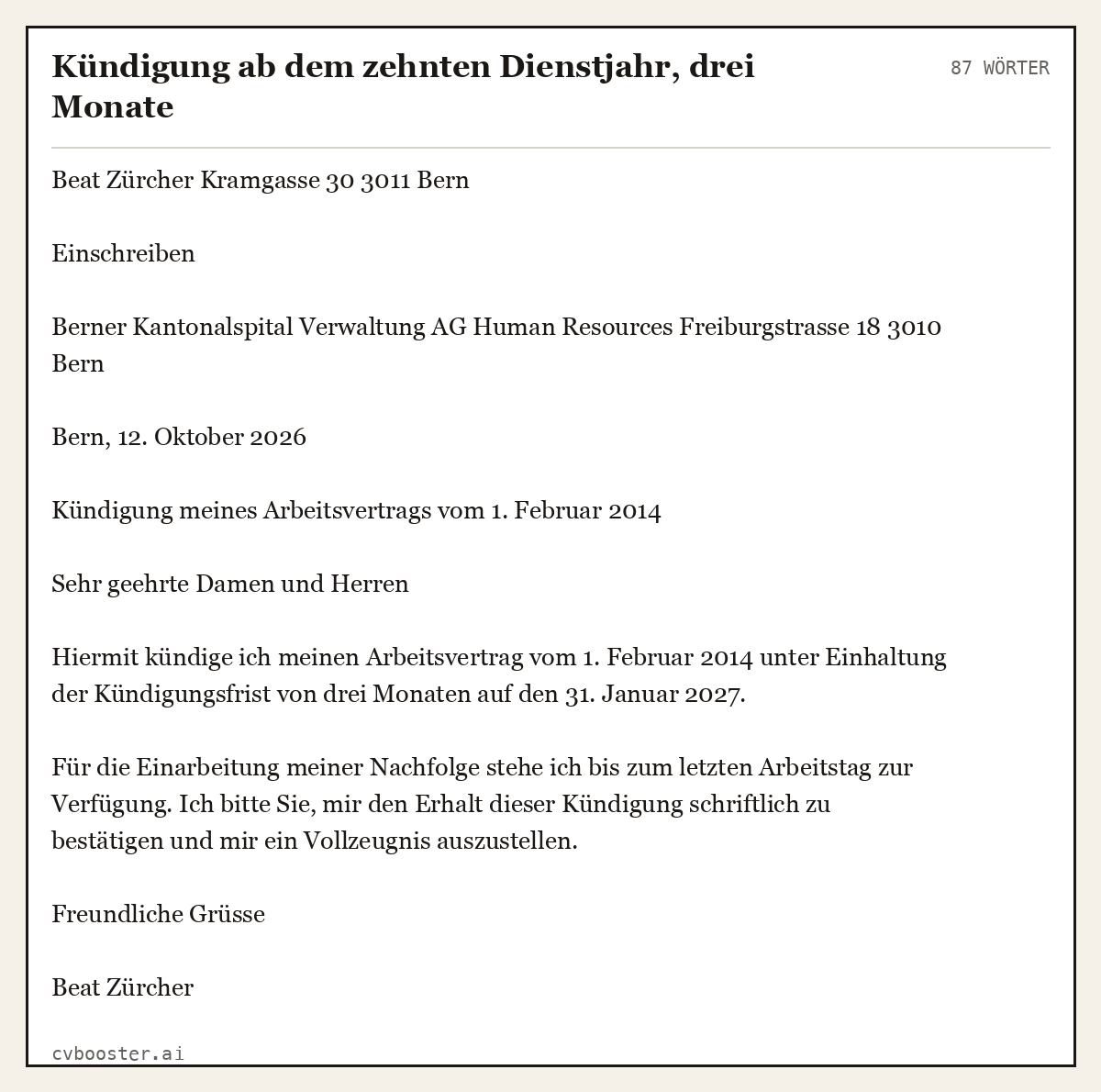 Ausgearbeitetes Beispiel: Kündigung ab dem zehnten Dienstjahr, drei Monate, 87 Wörter