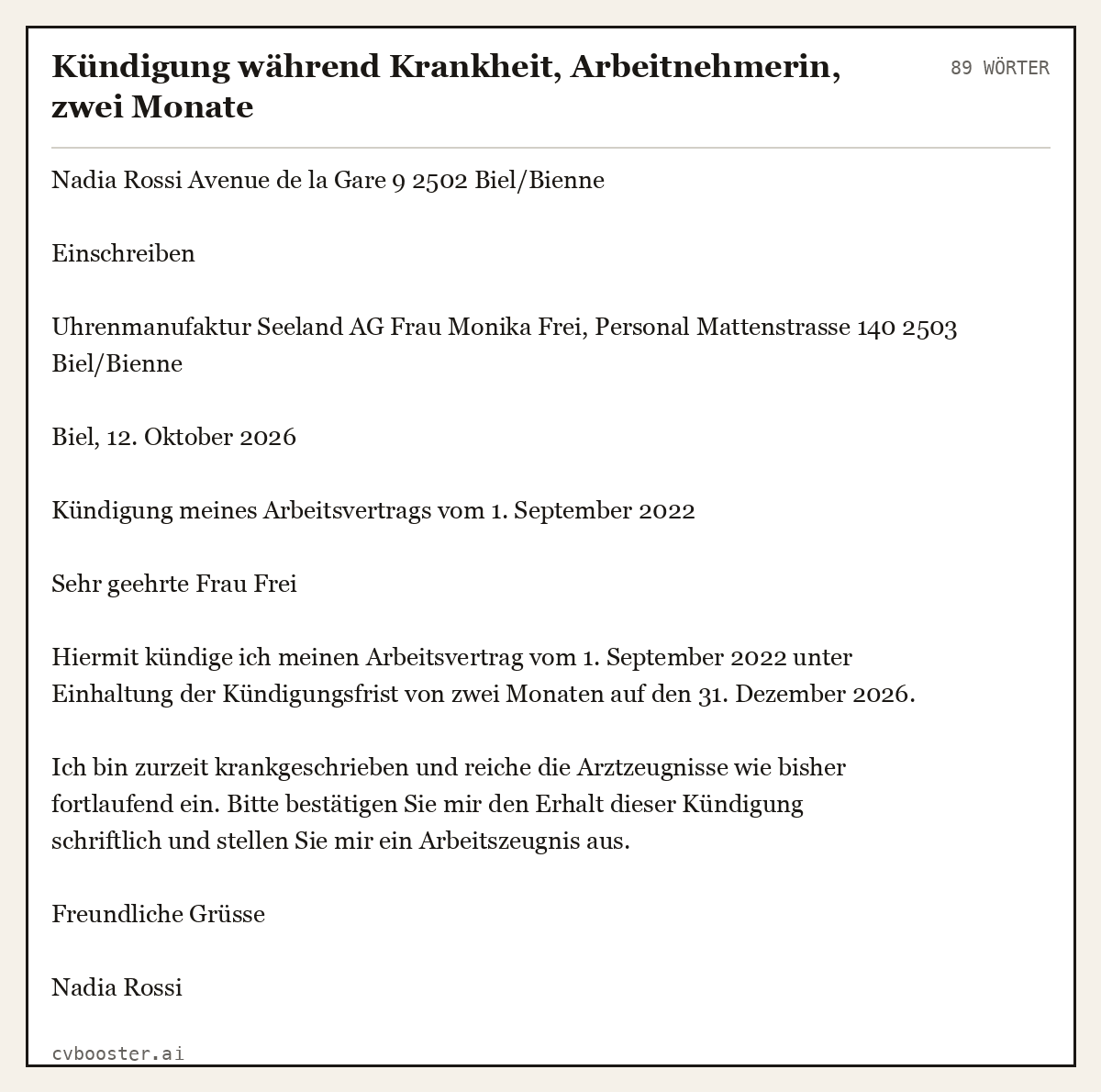 Ausgearbeitetes Beispiel: Kündigung während Krankheit, Arbeitnehmerin, zwei Monate, 89 Wörter