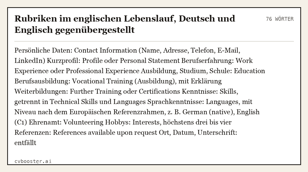 Ausgearbeitetes Beispiel: Rubriken im englischen Lebenslauf, Deutsch und Englisch gegenübergestellt, 76 Wörter