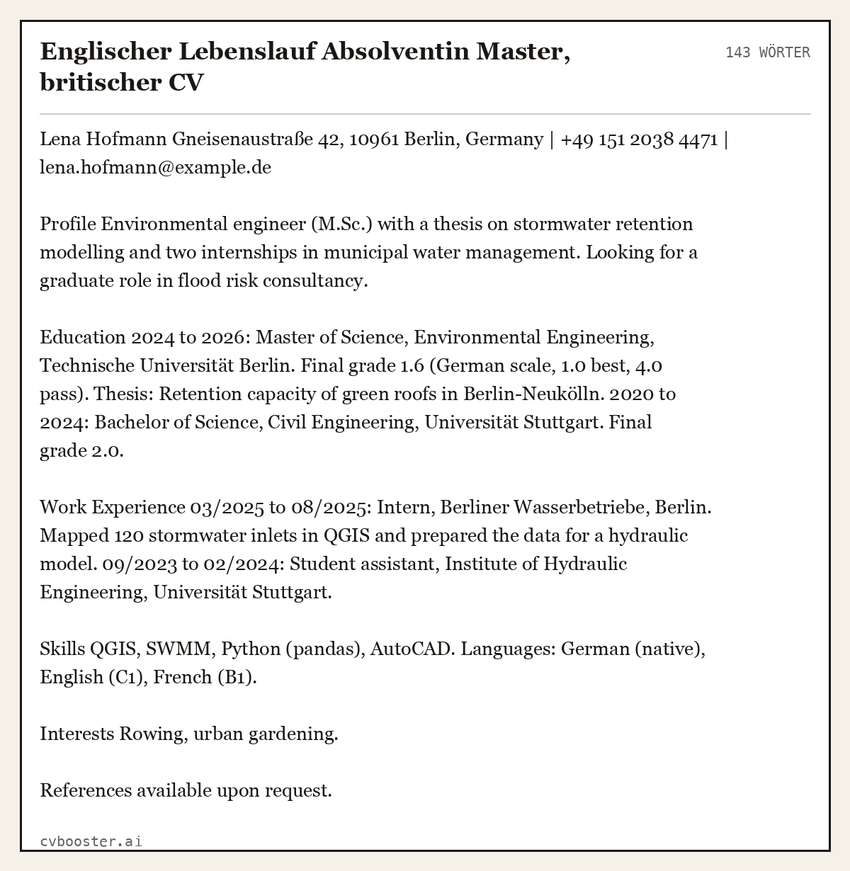 Ausgearbeitetes Beispiel: Englischer Lebenslauf Absolventin Master, britischer CV, 143 Wörter