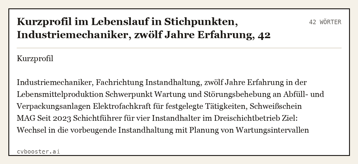 Ausgearbeitetes Beispiel: Kurzprofil im Lebenslauf in Stichpunkten, Industriemechaniker, zwölf Jahre Erfahrung, 42 Wörter