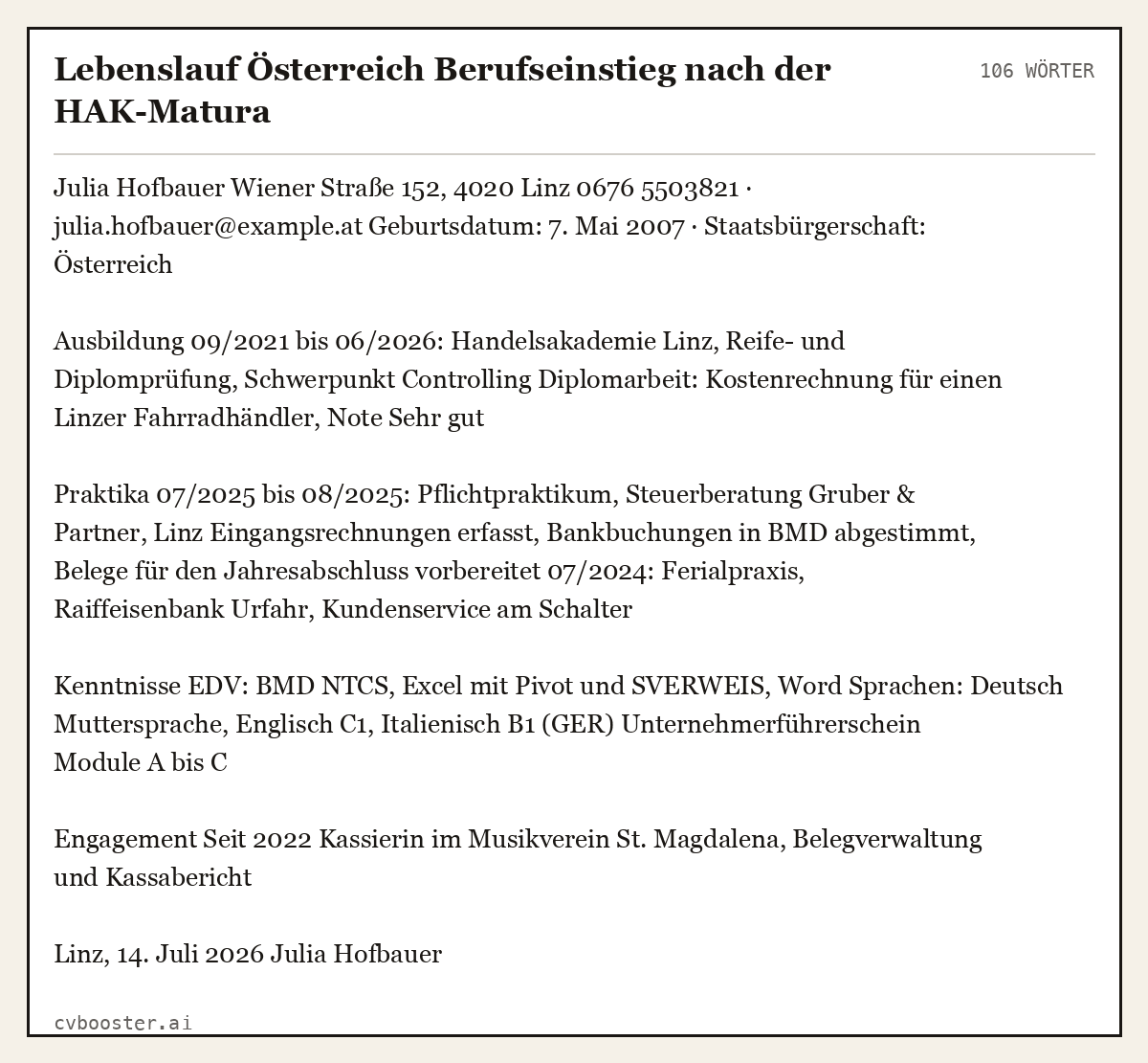 Ausgearbeitetes Beispiel: Lebenslauf Österreich Berufseinstieg nach der HAK-Matura, 106 Wörter