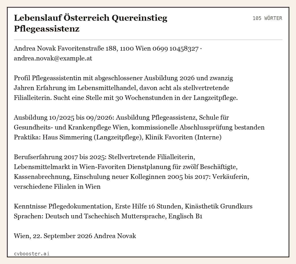 Ausgearbeitetes Beispiel: Lebenslauf Österreich Quereinstieg Pflegeassistenz, 105 Wörter