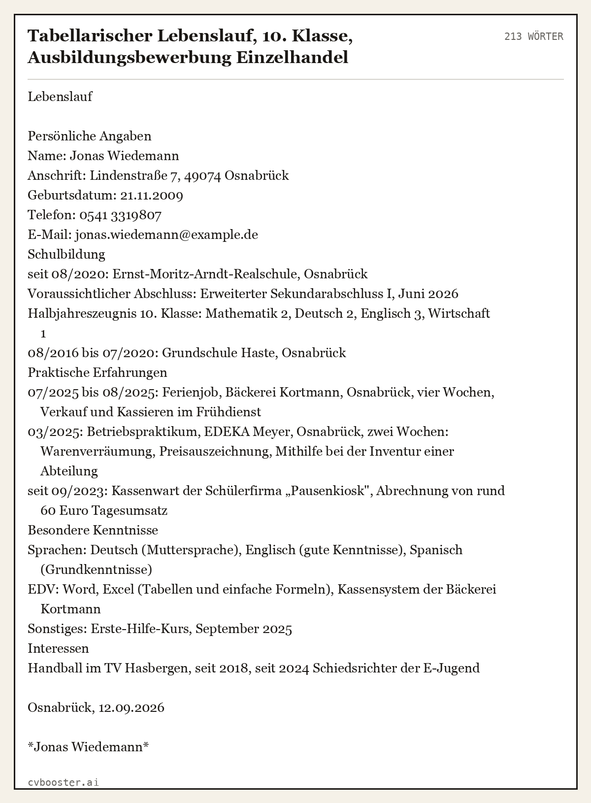 Ausgearbeitetes Beispiel: Tabellarischer Lebenslauf, 10. Klasse, Ausbildungsbewerbung Einzelhandel, 213 Wörter
