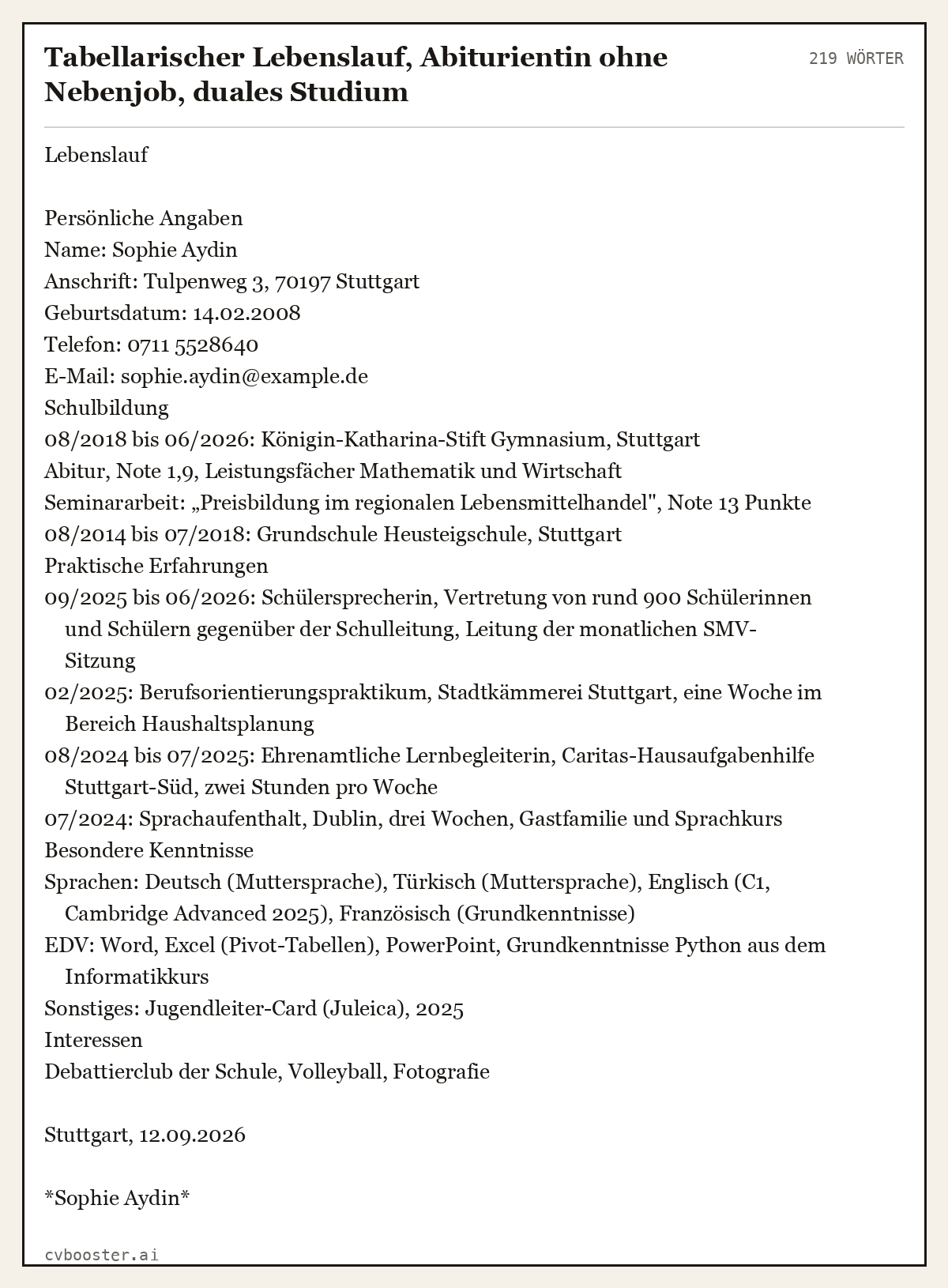 Ausgearbeitetes Beispiel: Tabellarischer Lebenslauf, Abiturientin ohne Nebenjob, duales Studium, 219 Wörter