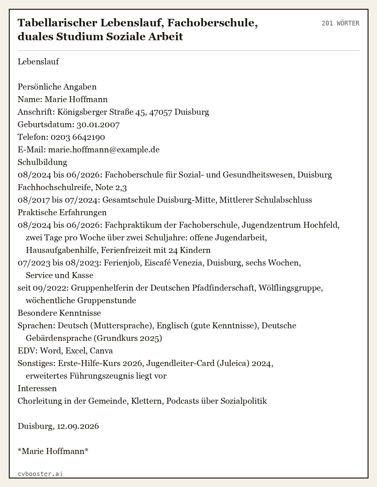 Ausgearbeitetes Beispiel: Tabellarischer Lebenslauf, Fachoberschule, duales Studium Soziale Arbeit, 201 Wörter