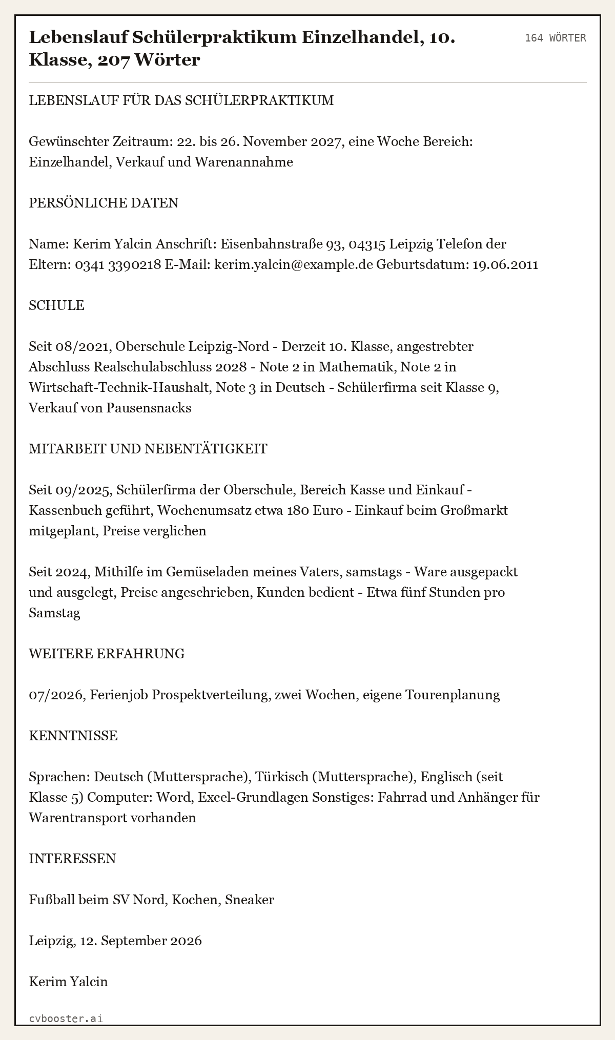Ausgearbeitetes Beispiel: Lebenslauf Schülerpraktikum Einzelhandel, 10. Klasse, 164 Wörter