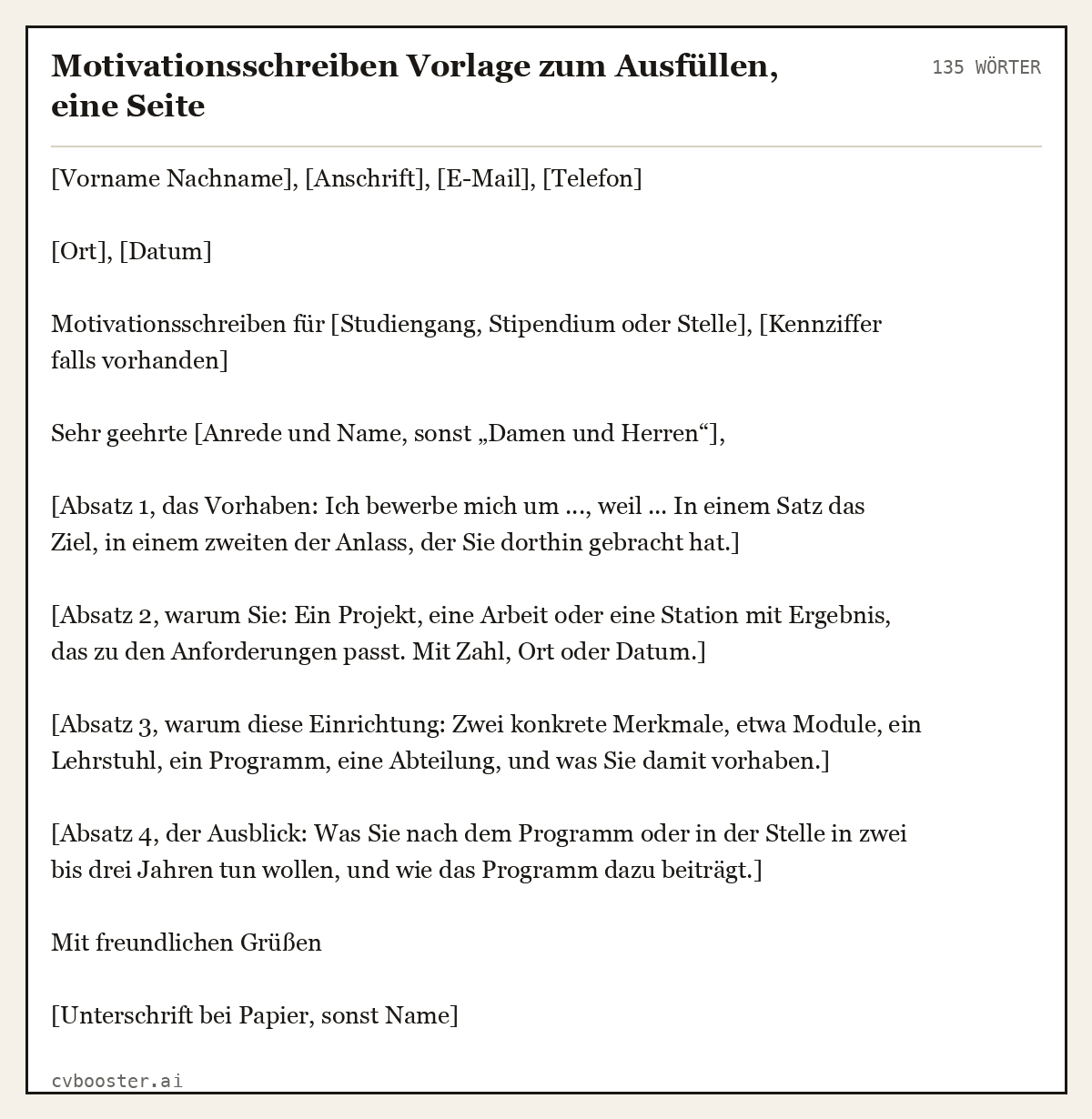 Ausgearbeitetes Beispiel: Motivationsschreiben Vorlage zum Ausfüllen, eine Seite, 135 Wörter