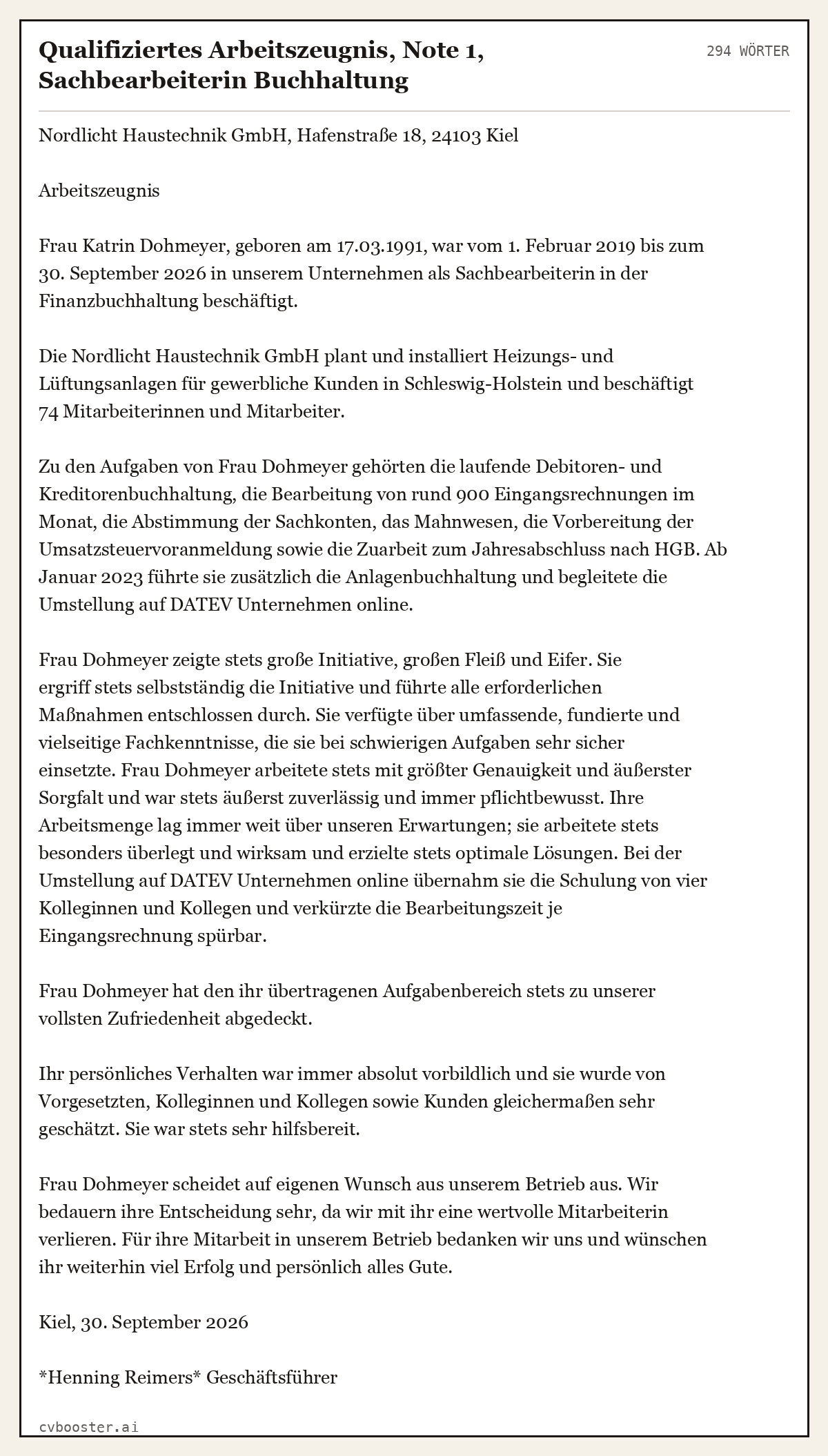 Ausgearbeitetes Beispiel: Qualifiziertes Arbeitszeugnis, Note 1, Sachbearbeiterin Buchhaltung, 294 Wörter