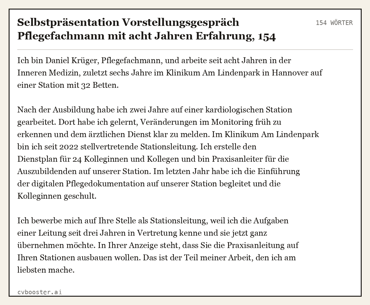 Ausgearbeitetes Beispiel: Selbstpräsentation Vorstellungsgespräch Pflegefachmann mit acht Jahren Erfahrung, 154 Wörter